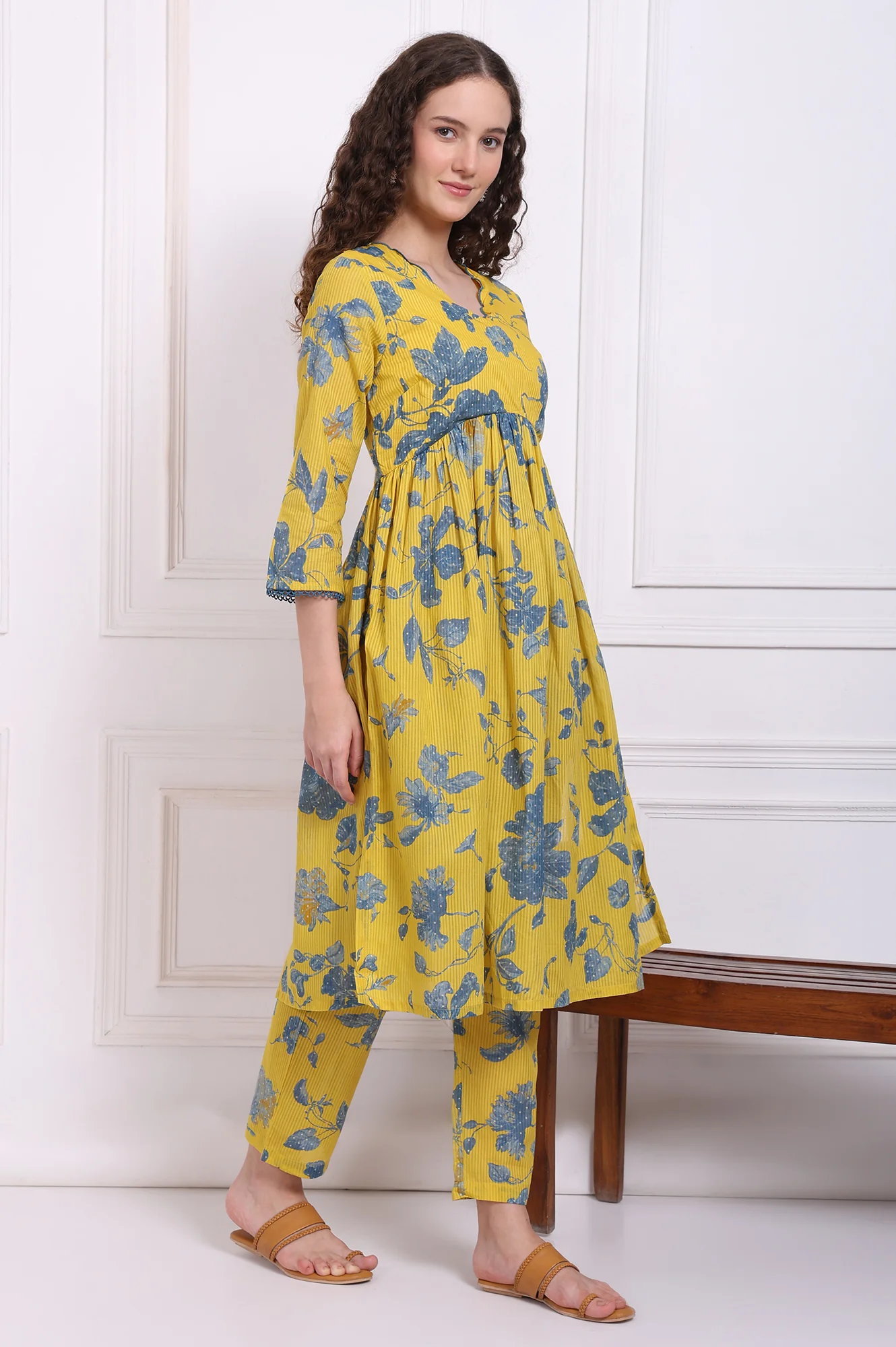 Yellow Bold Floral Printed Pure Cotton Flared Kurta and Pants Co-ord Set - Image 6