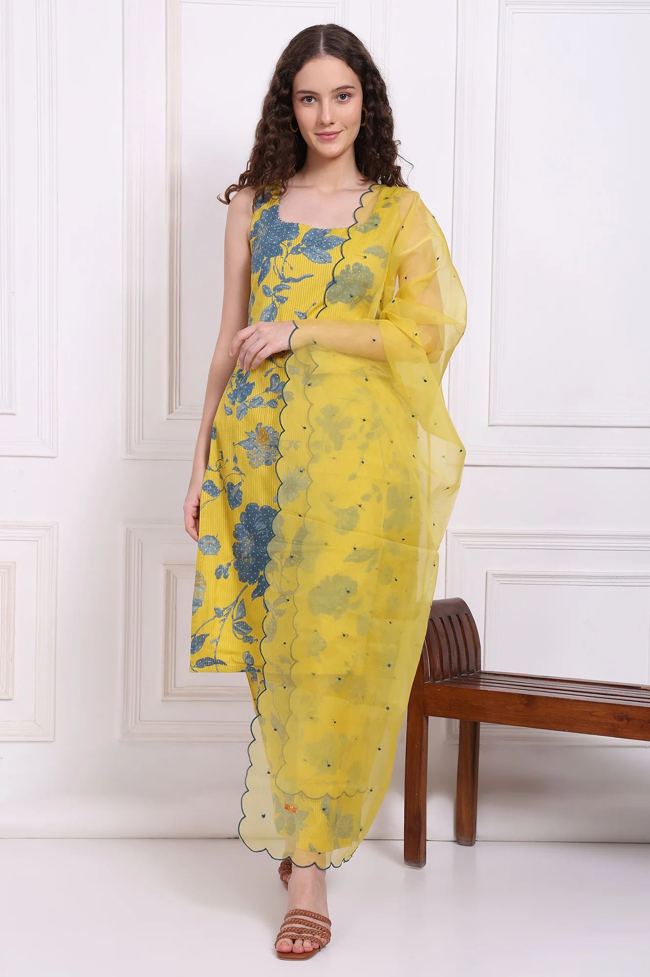 Yellow Bold Floral Printed Pure Cotton Straight Kurta, Parallel Pants and Dupatta Set - Image 2
