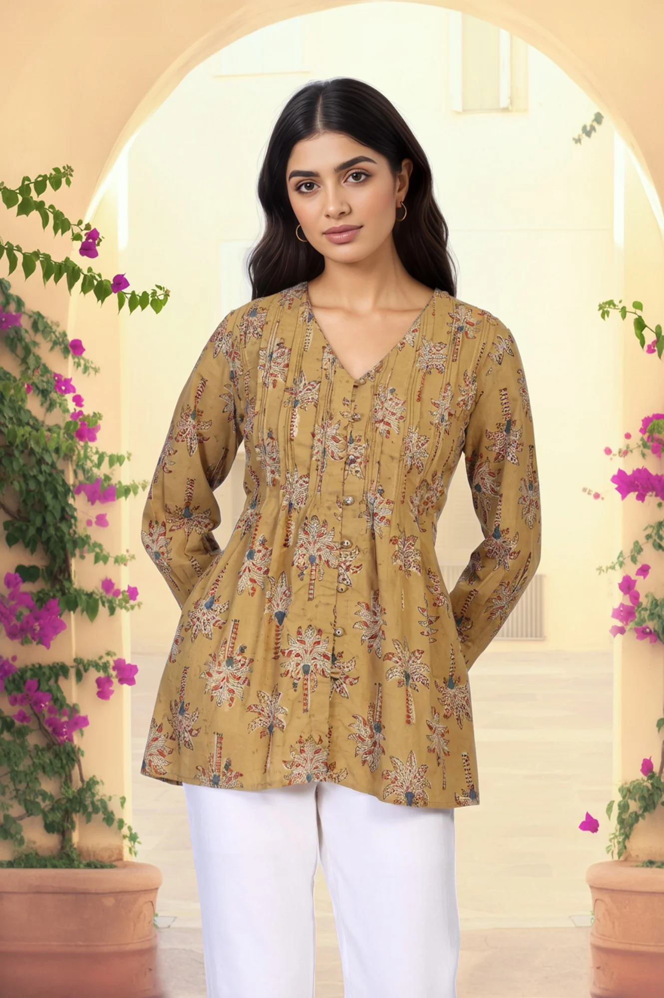 Yellow Botanical Kalamkari Print Mirror Work Straight Cotton Top - Image 2