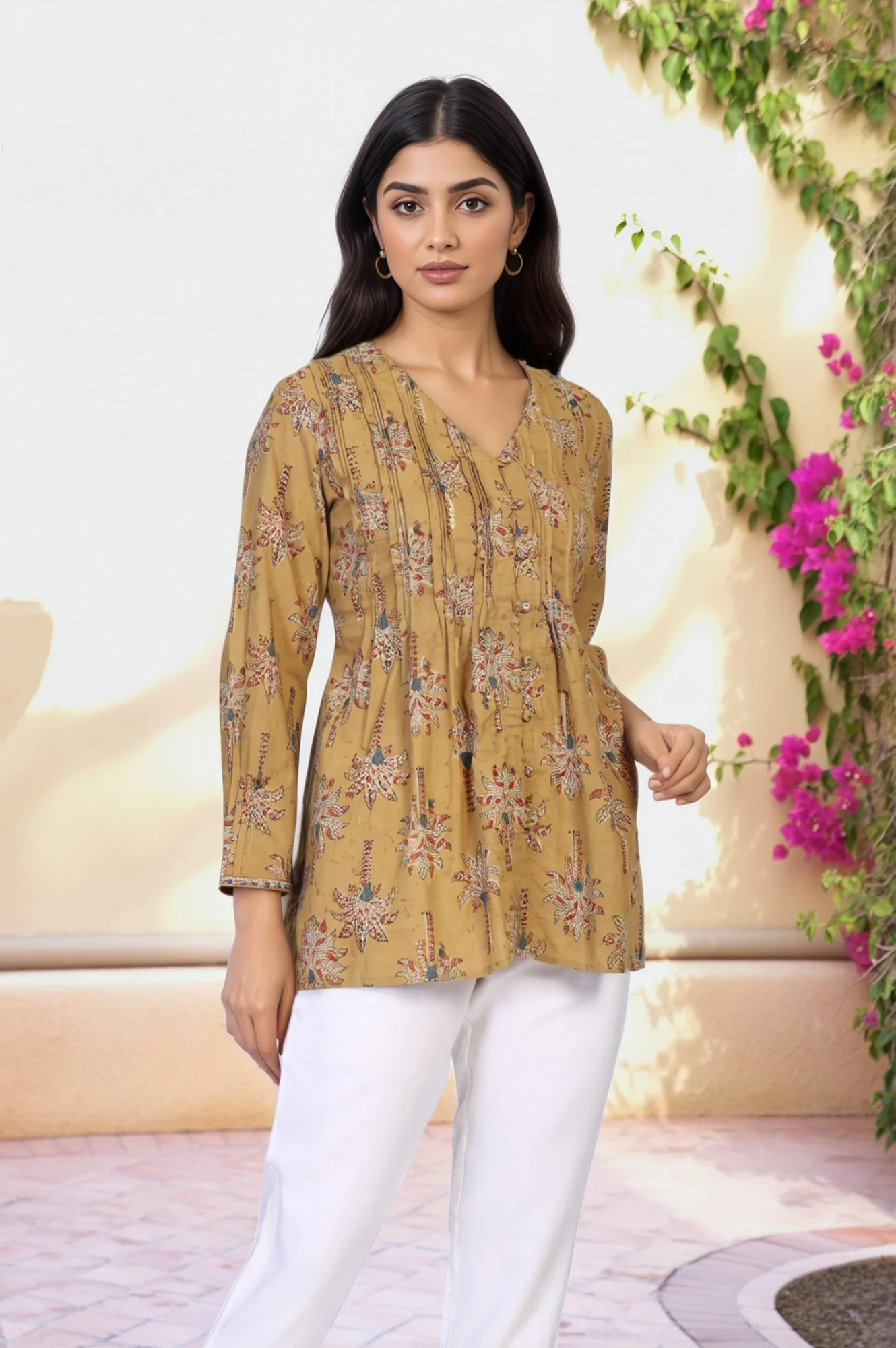 Yellow Botanical Kalamkari Print Mirror Work Straight Cotton Top - Image 4