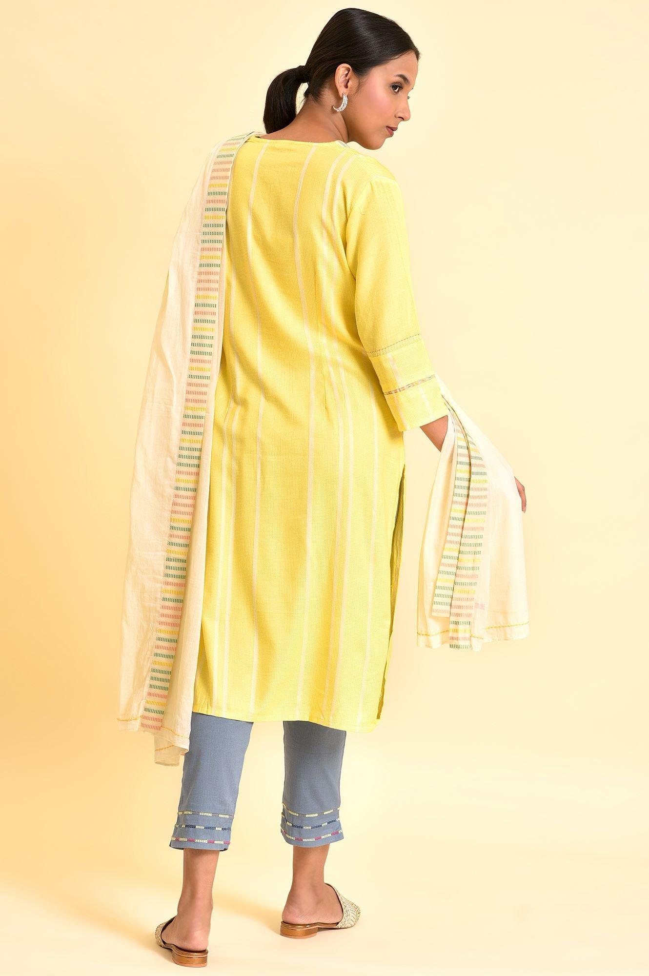Yellow Casual Kurta, Pants And Dupatta Set - Image 3