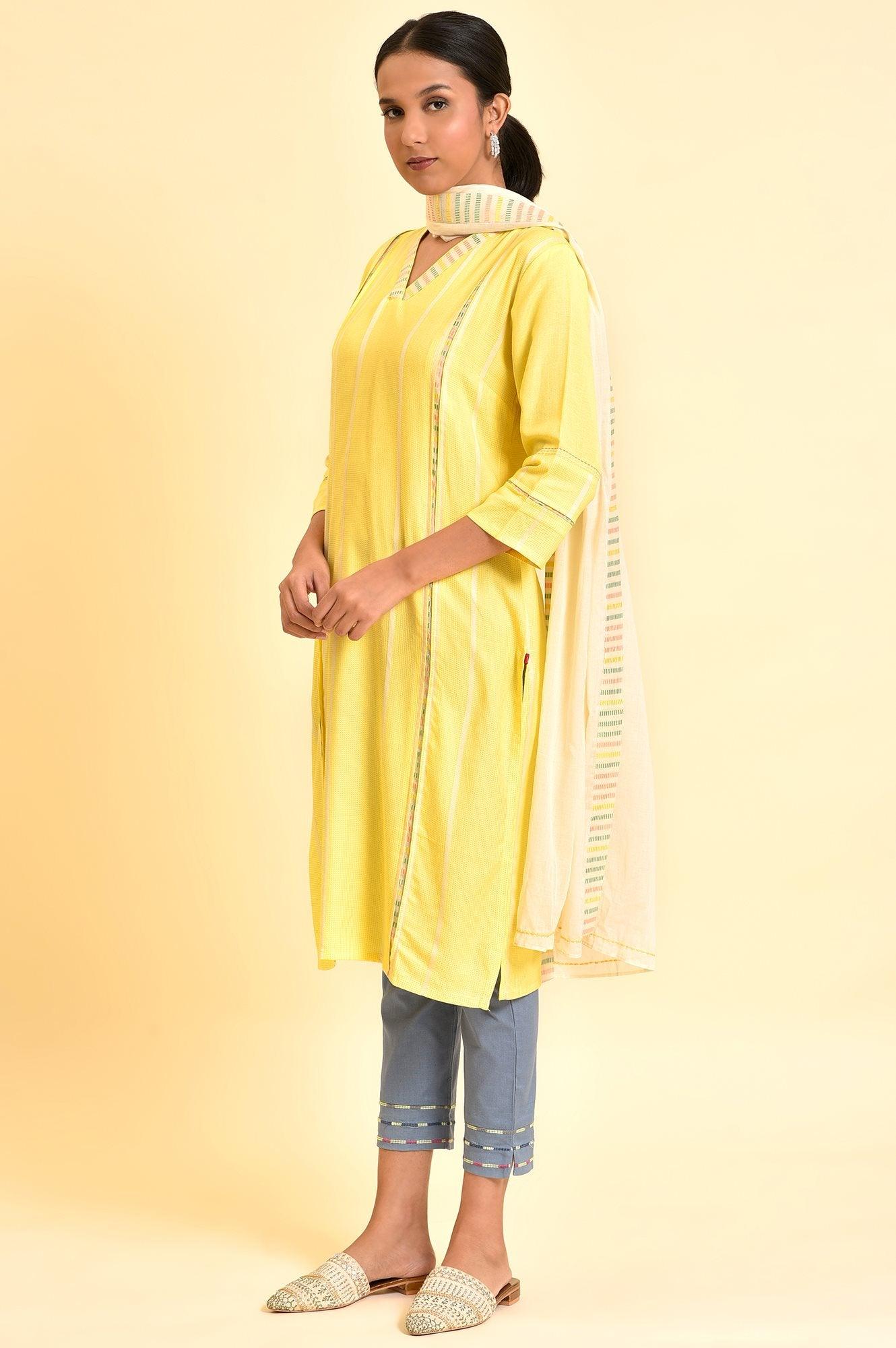 Yellow Casual Kurta, Pants And Dupatta Set - Image 4