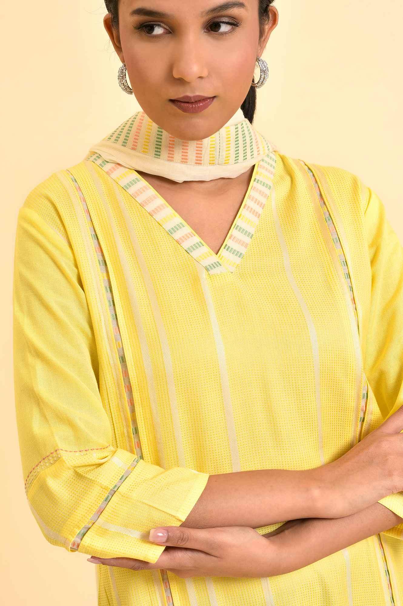 Yellow Casual Kurta, Pants And Dupatta Set - Image 6