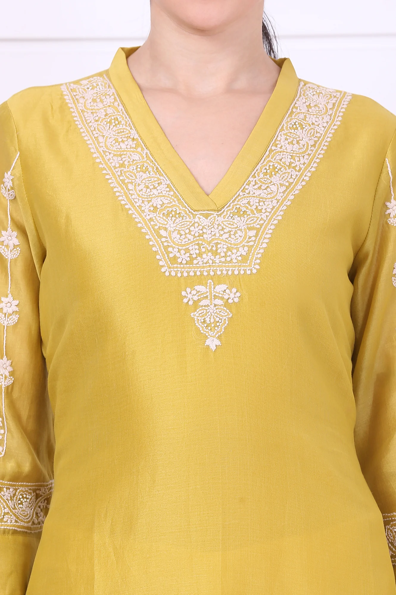 Yellow Chikankari Embroidered Cotton Silk Straight Kurta - Image 4