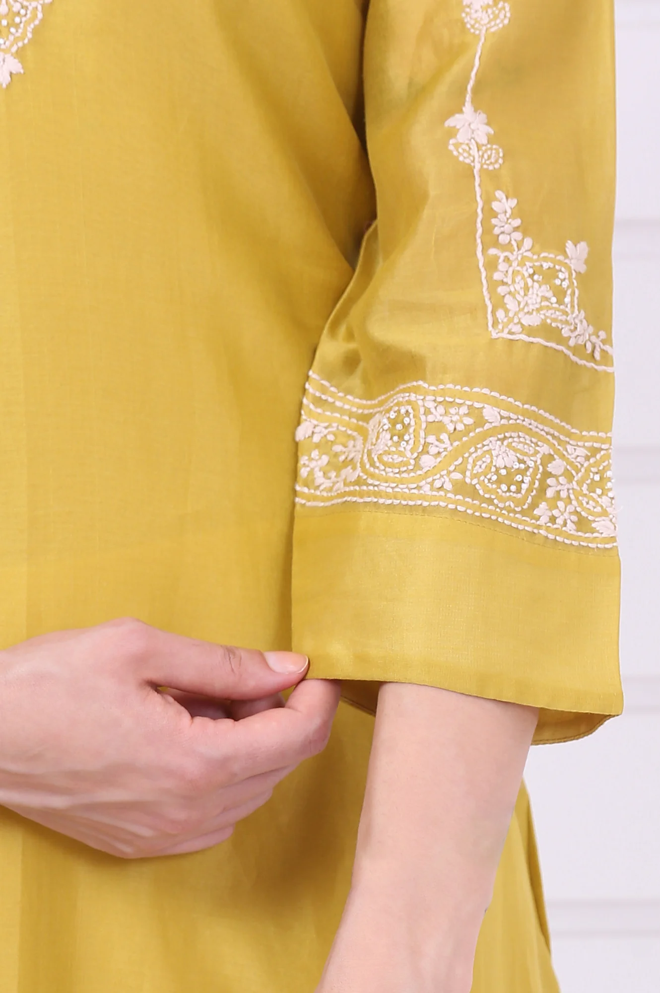 Yellow Chikankari Embroidered Cotton Silk Straight Kurta - Image 8
