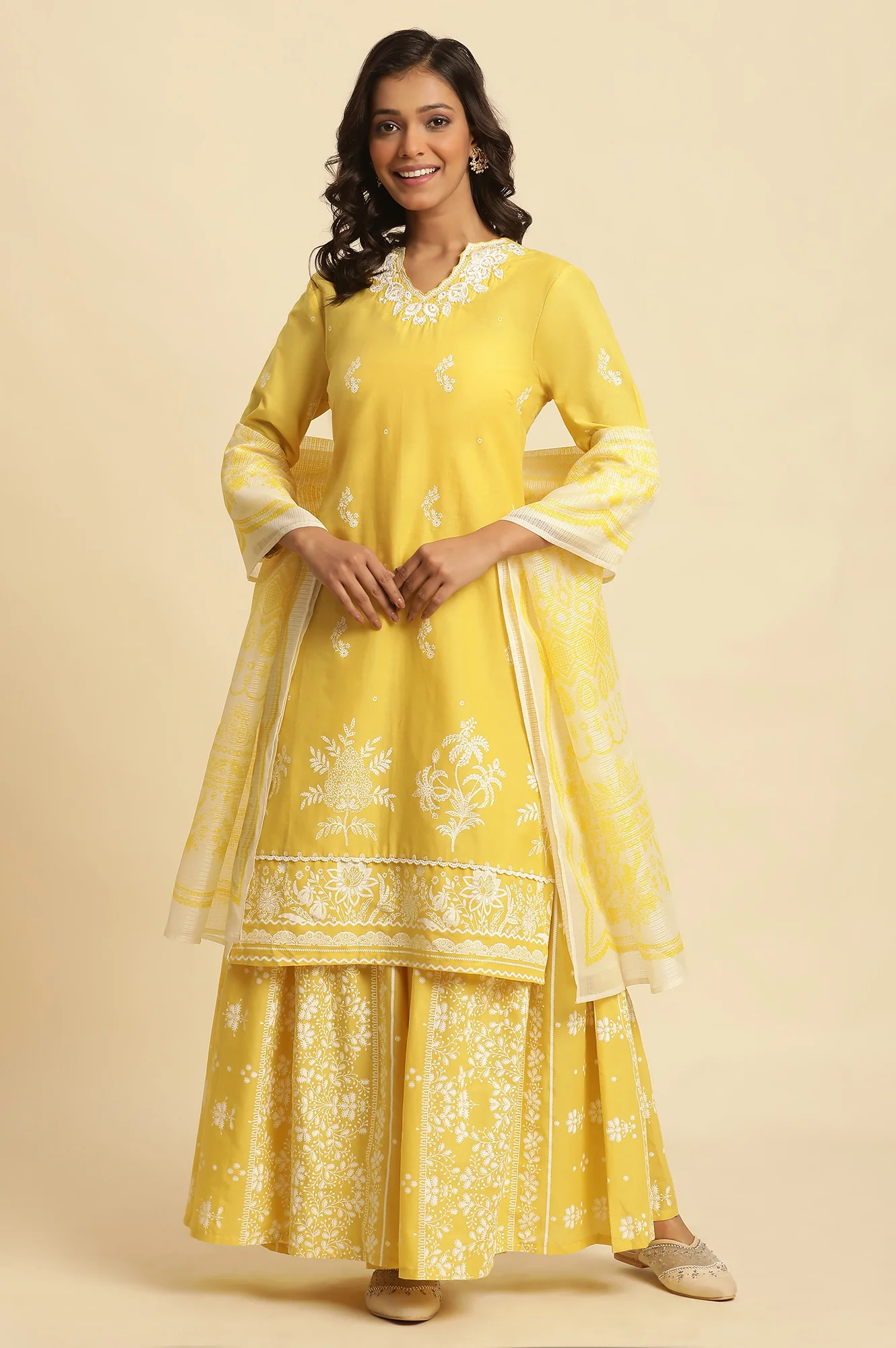 Yellow Chikankari Embroidered Kurta, Sharara And Dupatta Set - Image 2