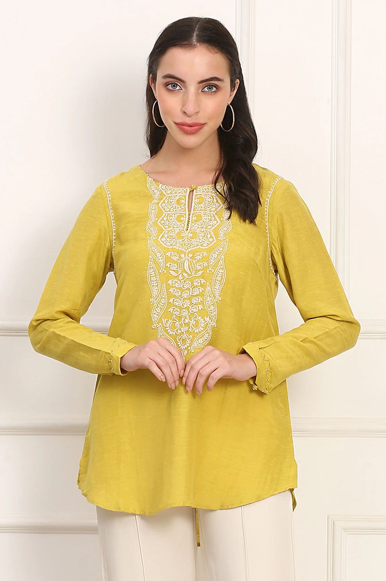 Yellow Chikankari Embroidered Square Neck Linen Blend Top - Image 2