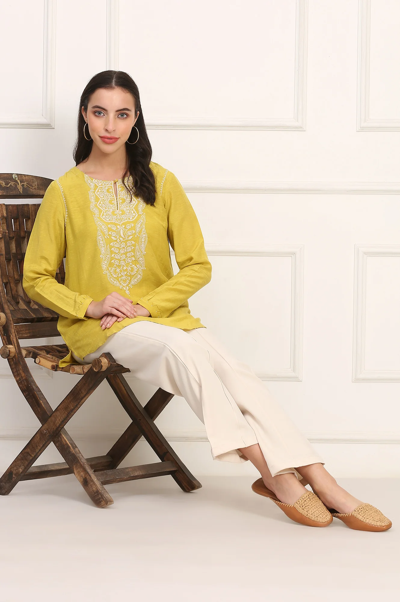 Yellow Chikankari Embroidered Square Neck Linen Blend Top - Image 3