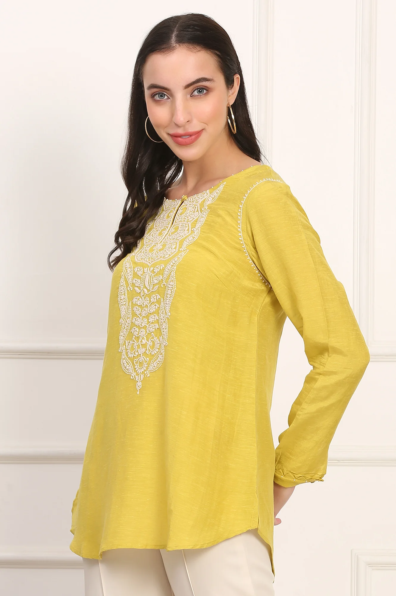 Yellow Chikankari Embroidered Square Neck Linen Blend Top - Image 5