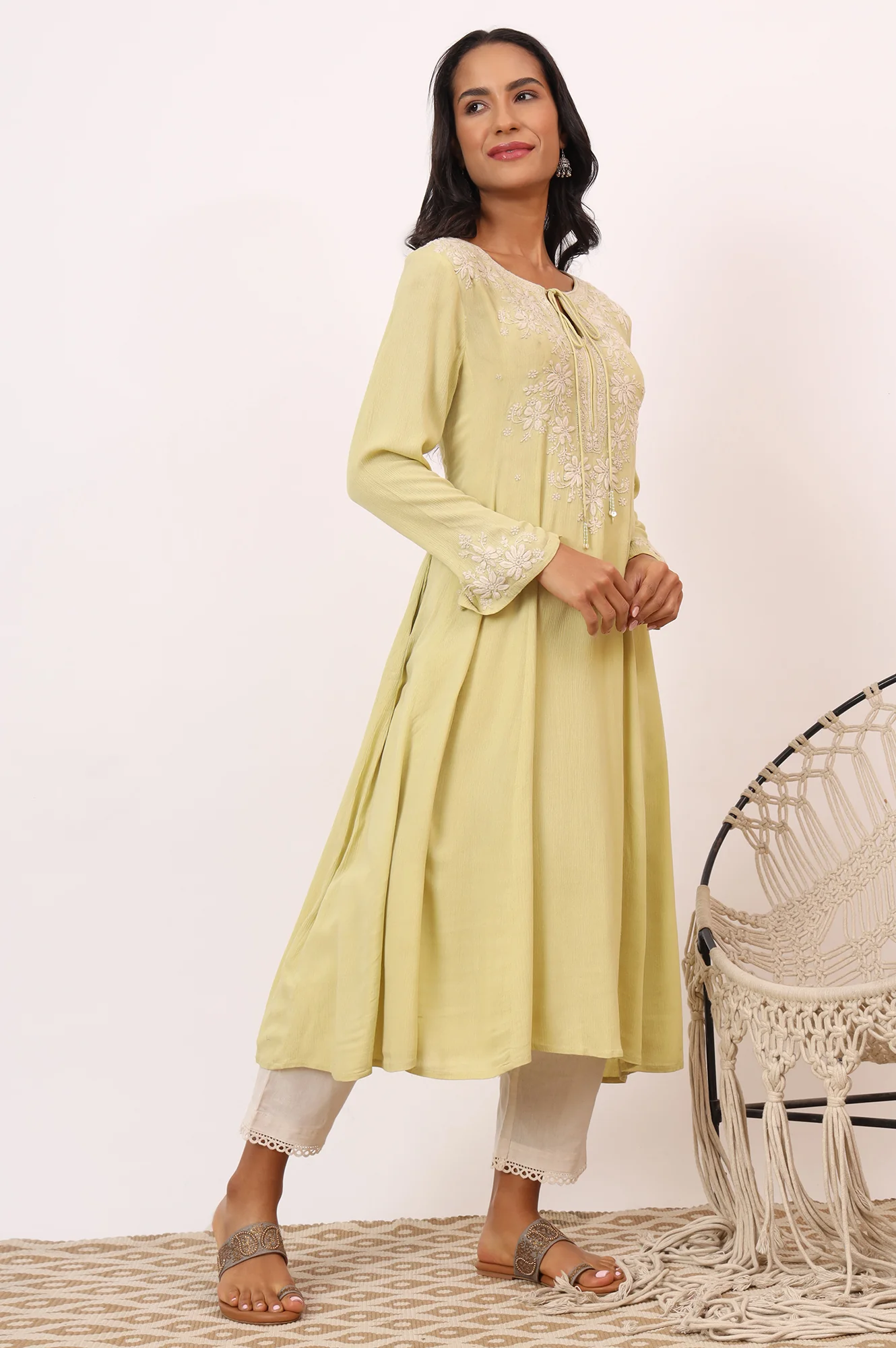 Yellow Chikankari Kurta in Fluid Rayon Crepe - Image 7