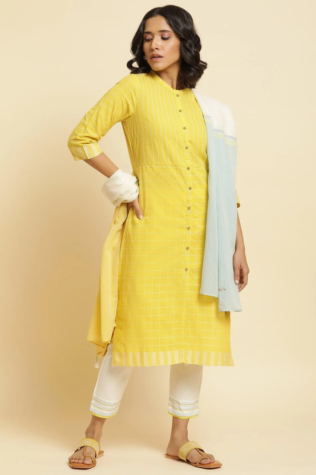 Yellow Cotton Dobby Kurta, Pants & Dupatta Set - Image 2
