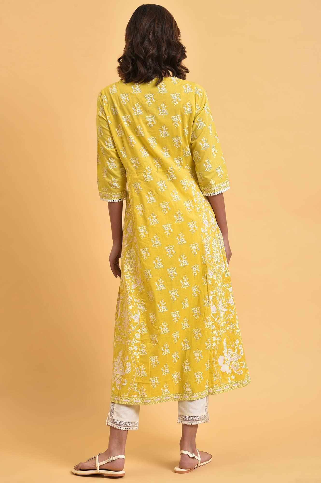Yellow Cotton Floral Printed Flared kurta - Image 2