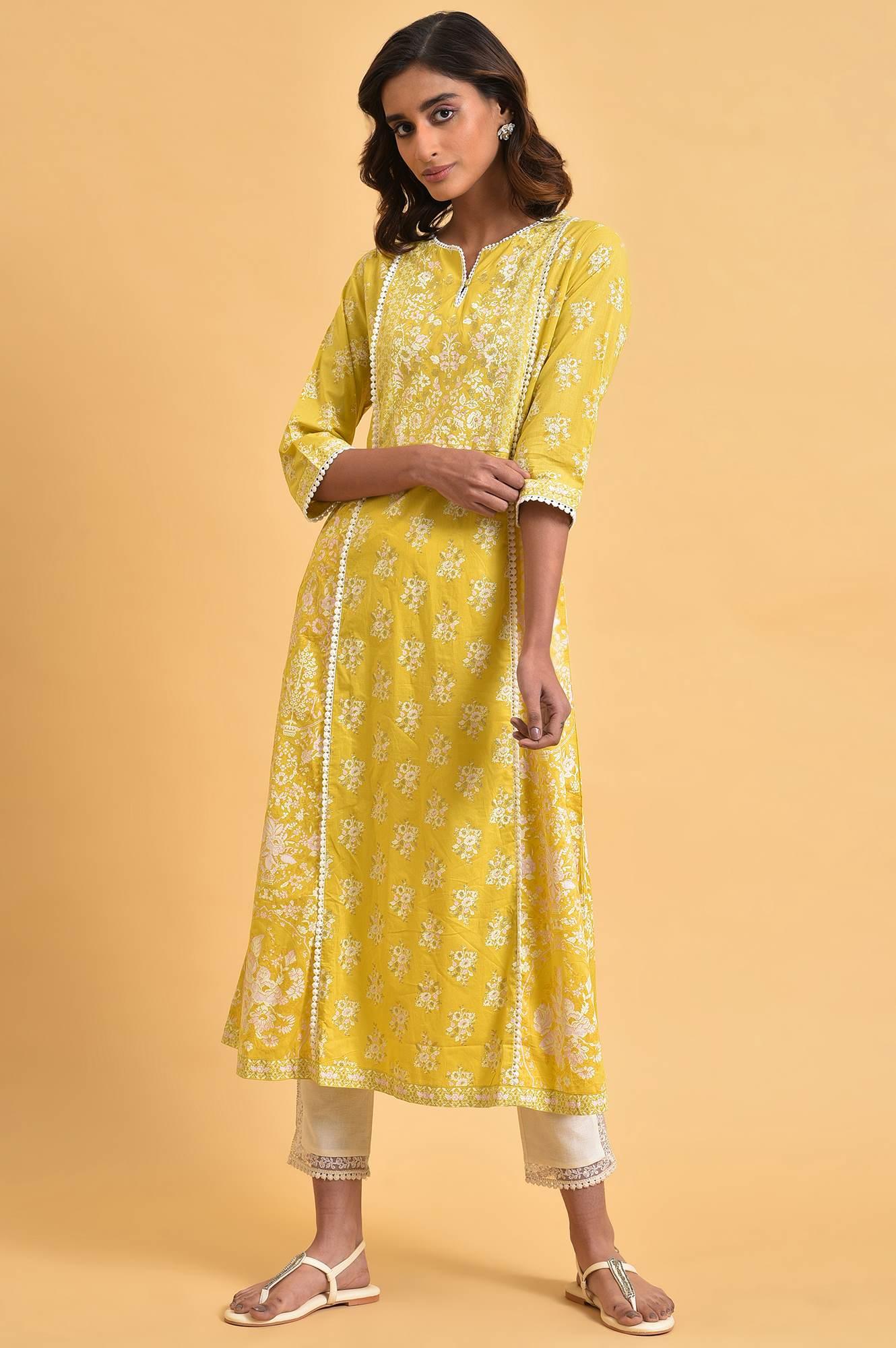 Yellow Cotton Floral Printed Flared Plus Size kurta - Image 6