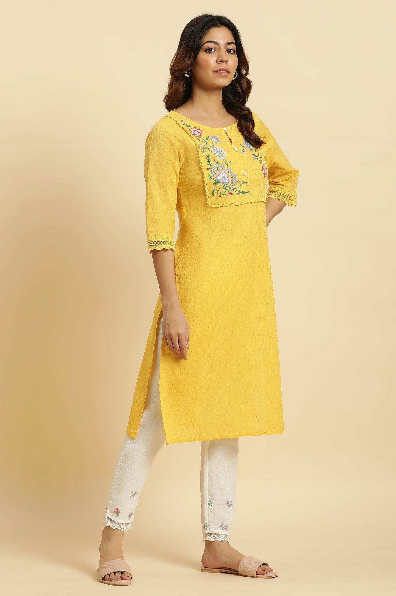 Yellow Cotton Swiss Dot Embroidered Kurta - Image 5
