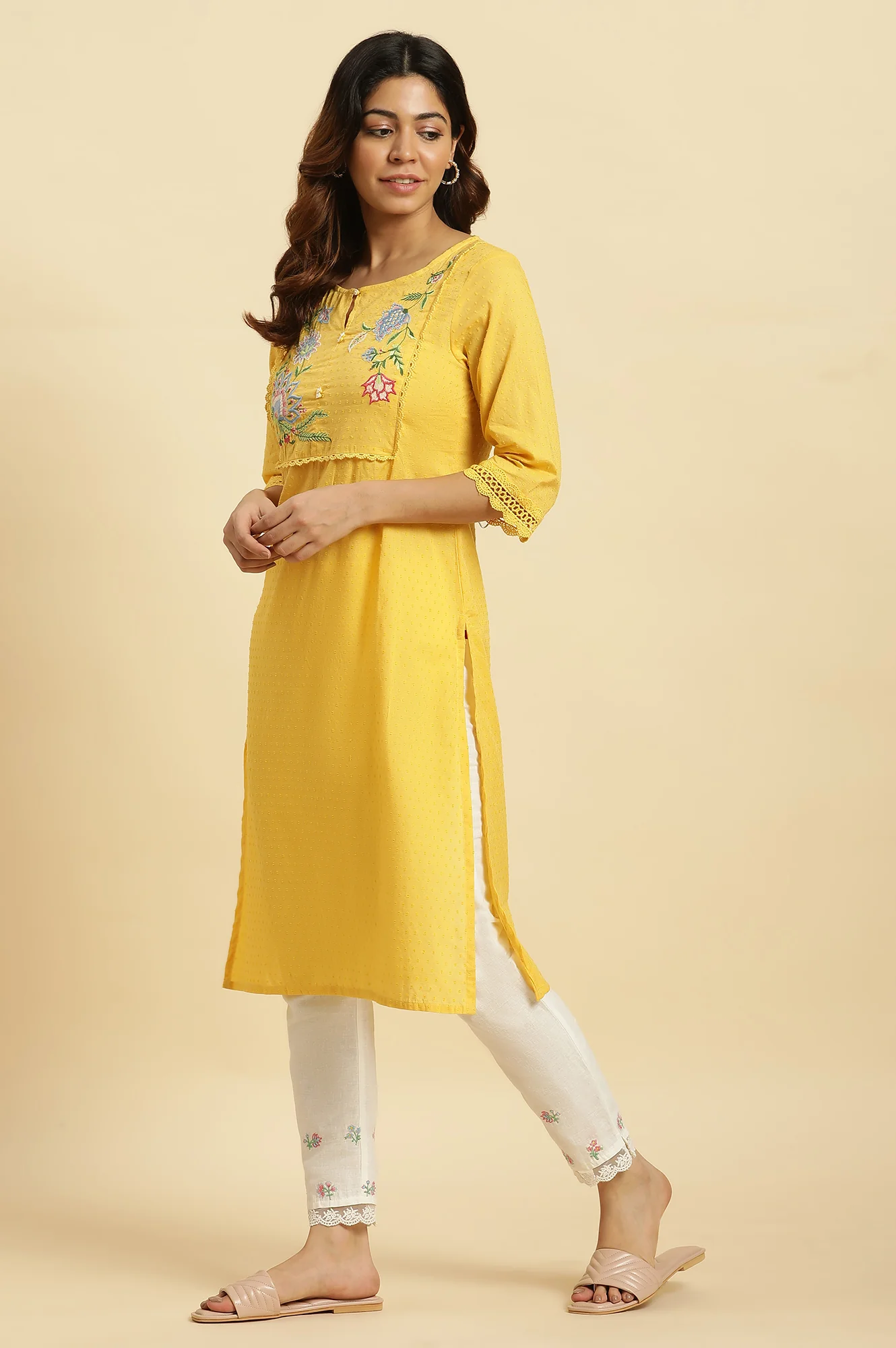 Yellow Cotton Swiss Dot Embroidered Kurta - Image 3