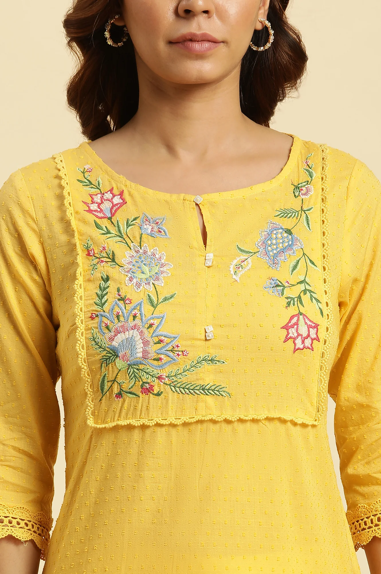 Yellow Cotton Swiss Dot Embroidered Kurta - Image 7