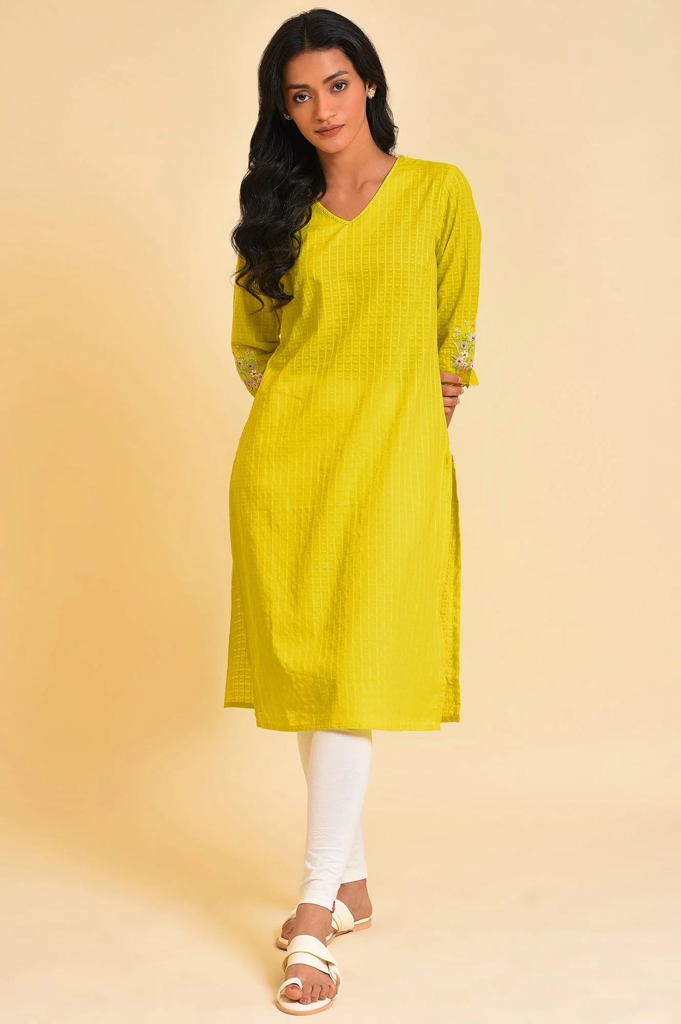 Yellow Dobby Textured Kurta And Tights Set - Image 8