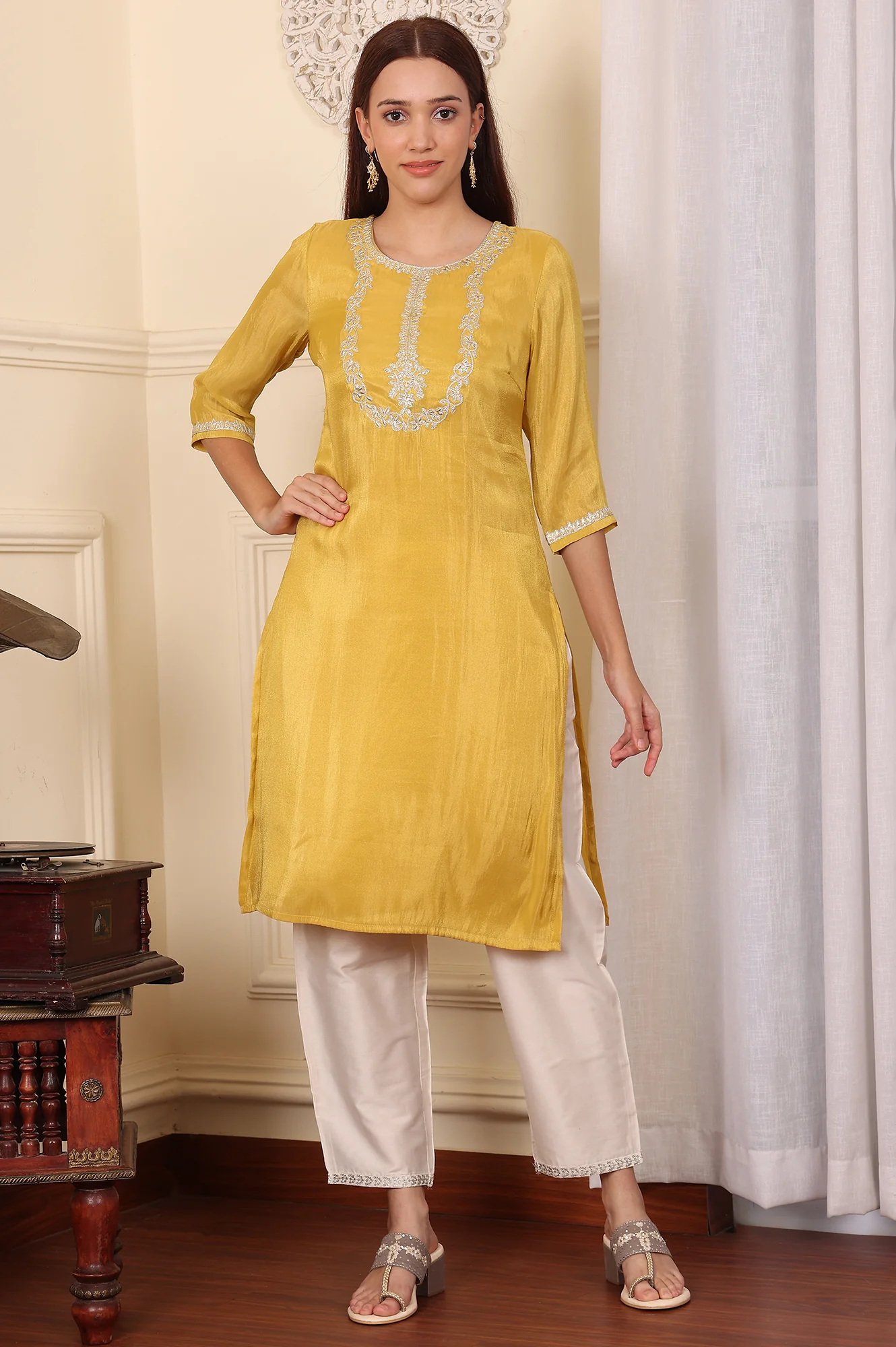 Yellow Dori Embroidered Straight Tissue Kurta - Image 2