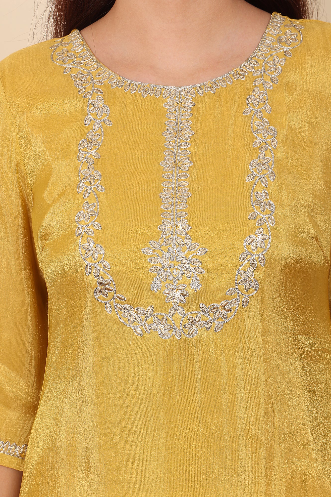 Yellow Dori Embroidered Straight Tissue Kurta - Image 3