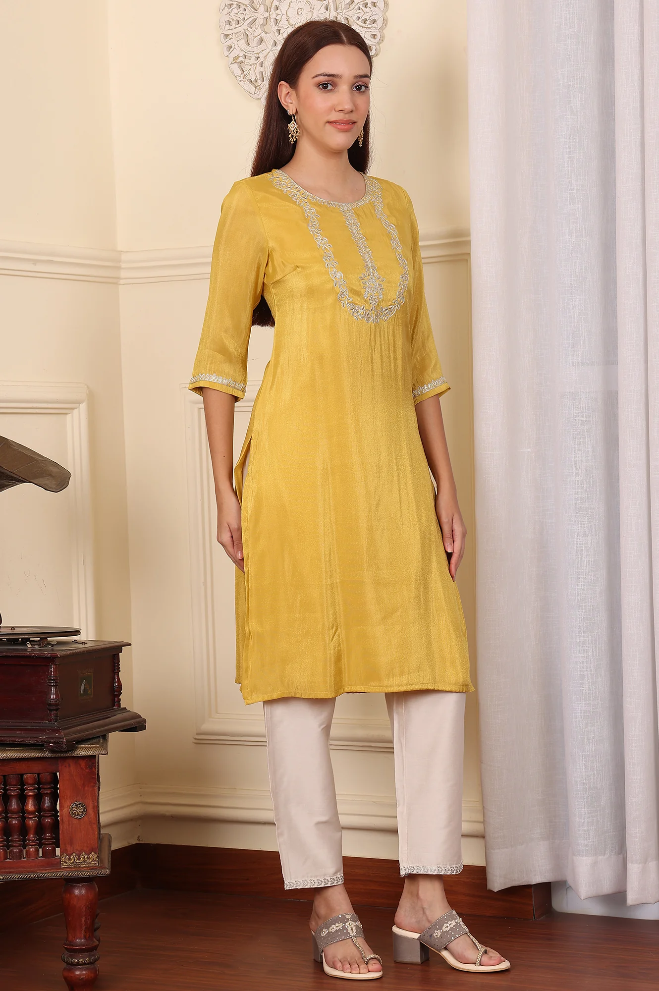 Yellow Dori Embroidered Straight Tissue Kurta - Image 4
