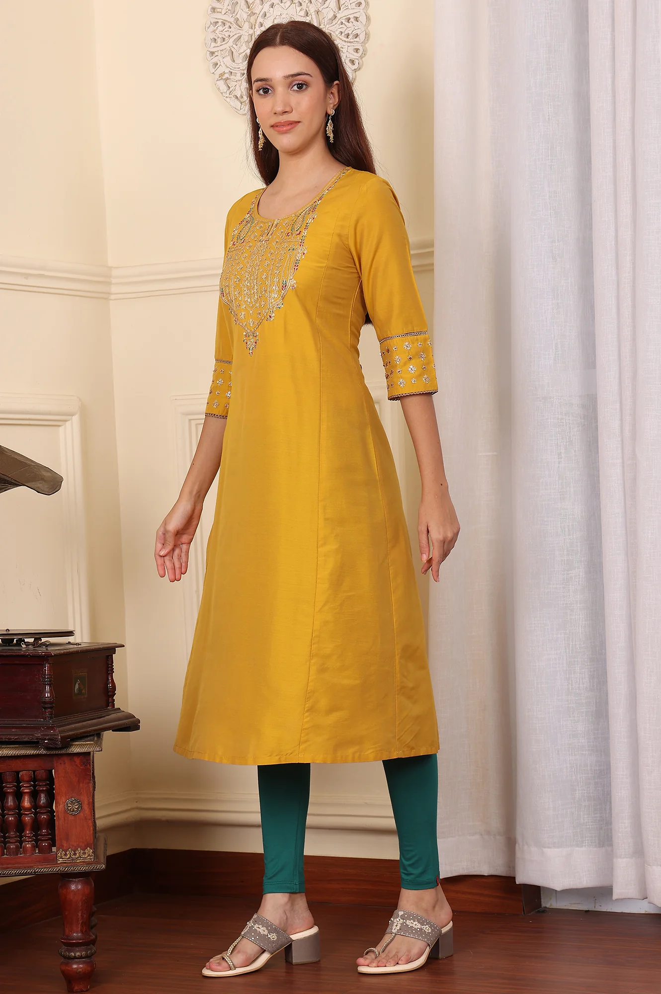 Yellow Embroidered A-Line Rayon Kurta with Straight Pant and Dupatta Set - Image 6