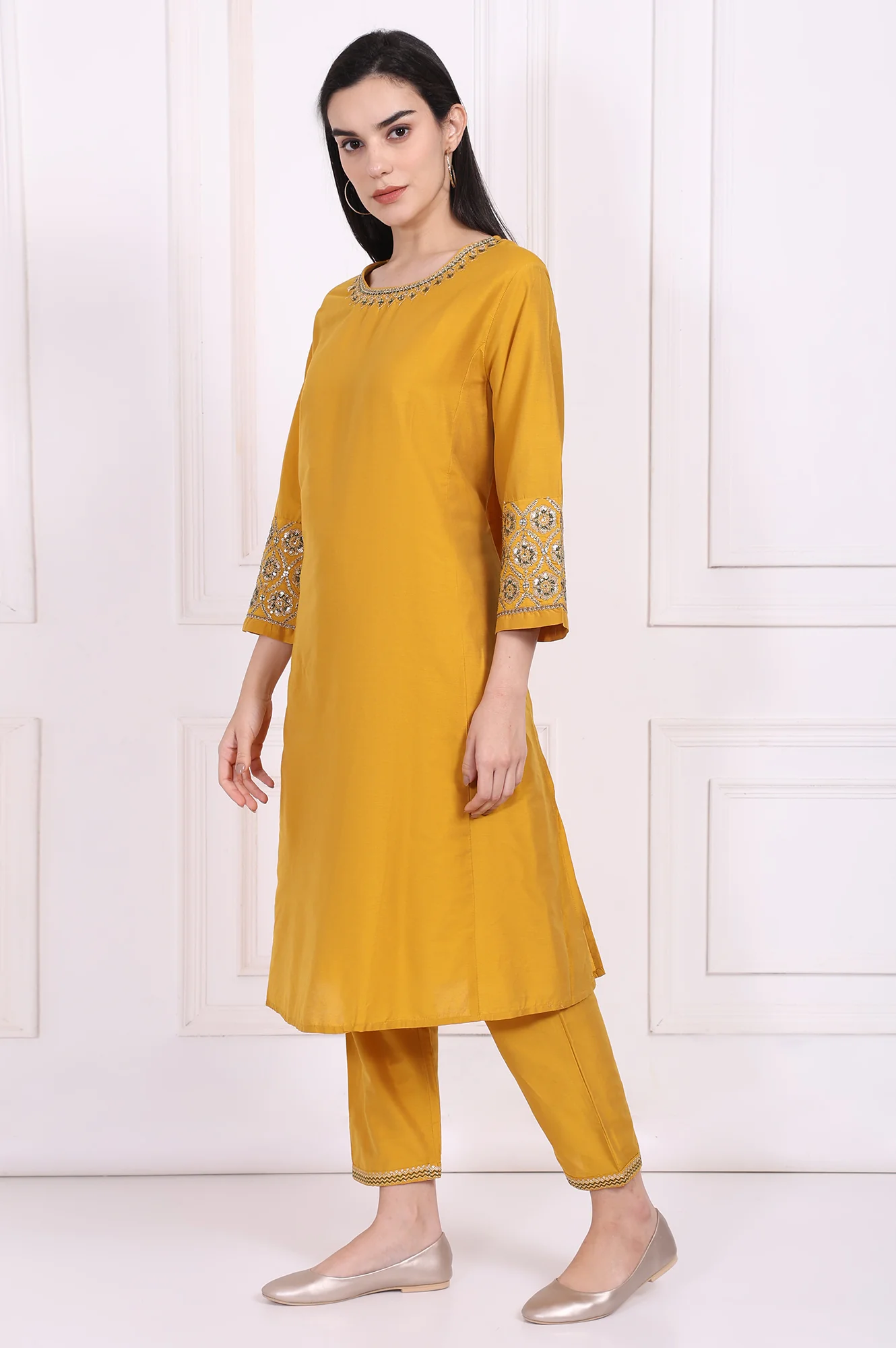 Yellow Embroidered A-Line Rayon Kurta with Straight Pant - Image 4