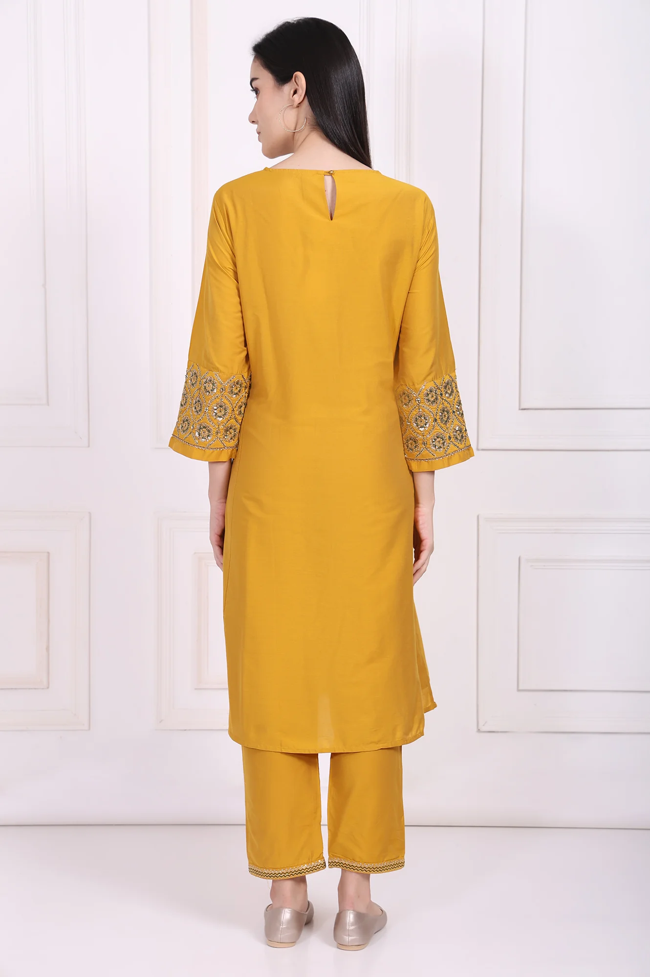 Yellow Embroidered A-Line Rayon Kurta with Straight Pant - Image 5