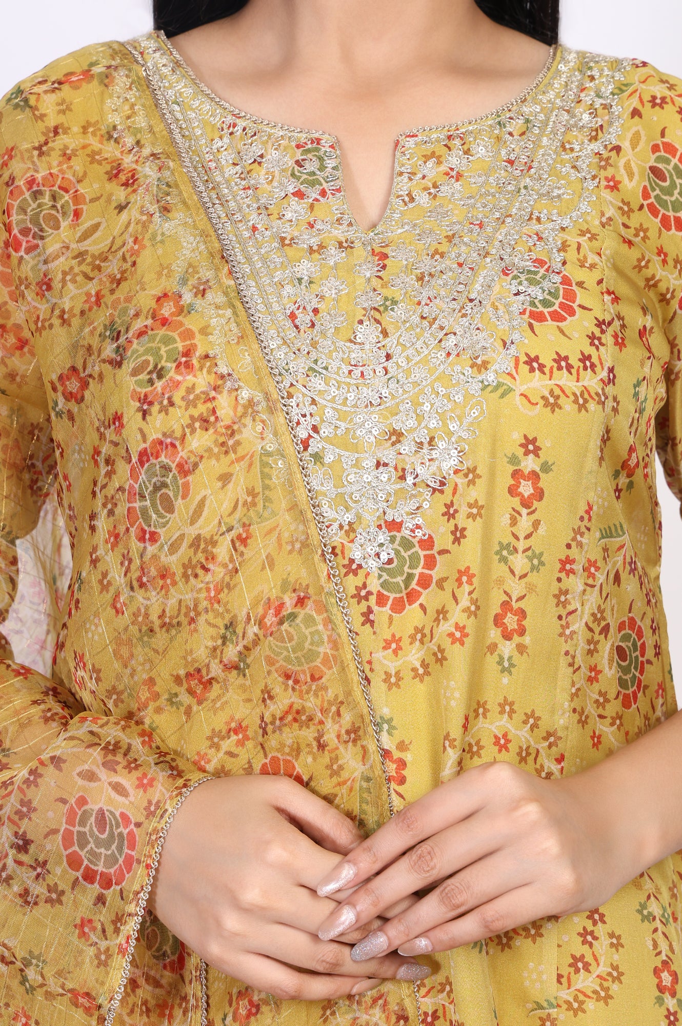 Yellow Embroidered Anarkali Organza Kurta with Flared Pant and Dupatta Set - Image 3