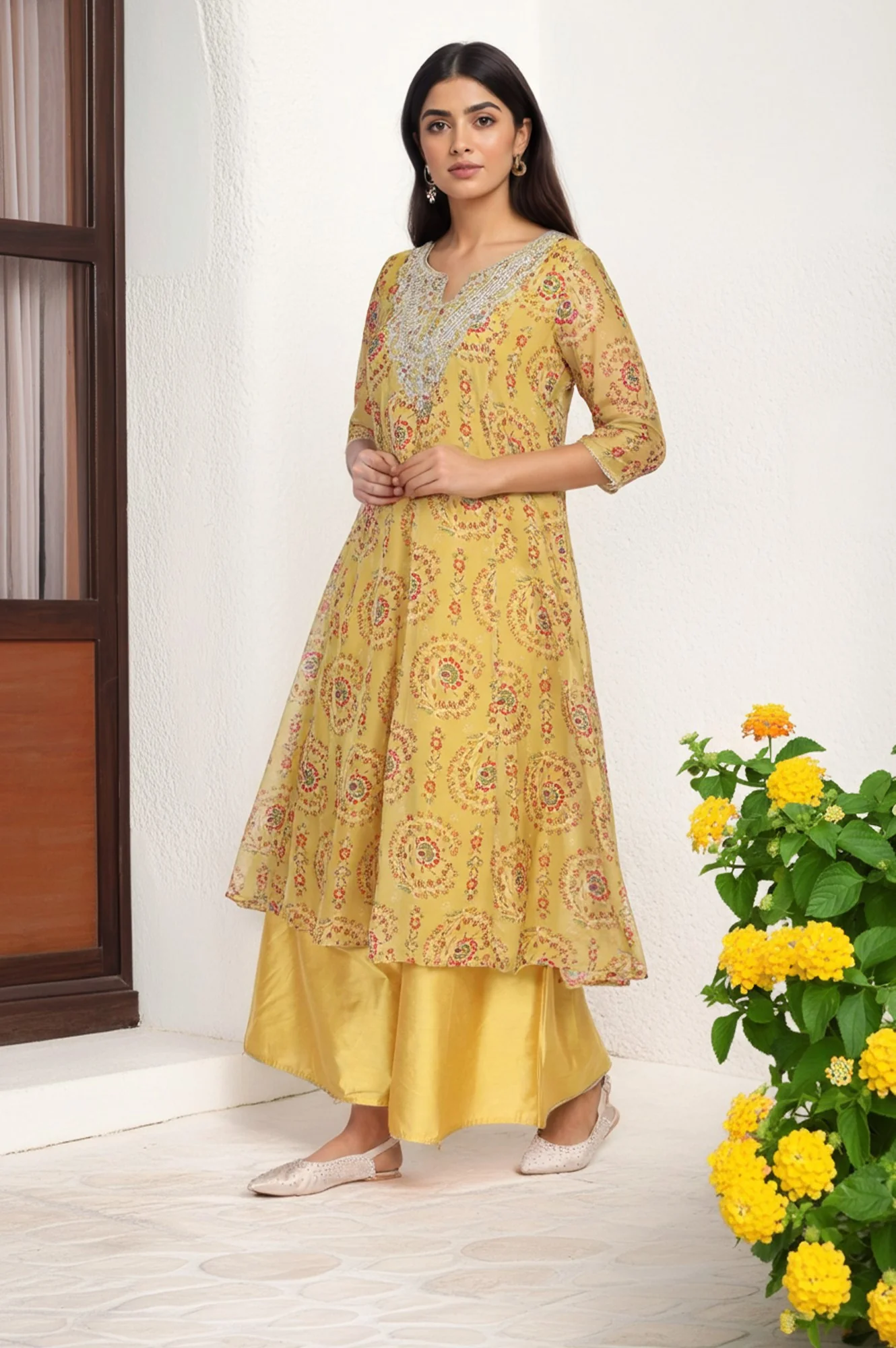 Yellow Embroidered Anarkali Organza Kurta with Flared Pant and Dupatta Set - Image 6