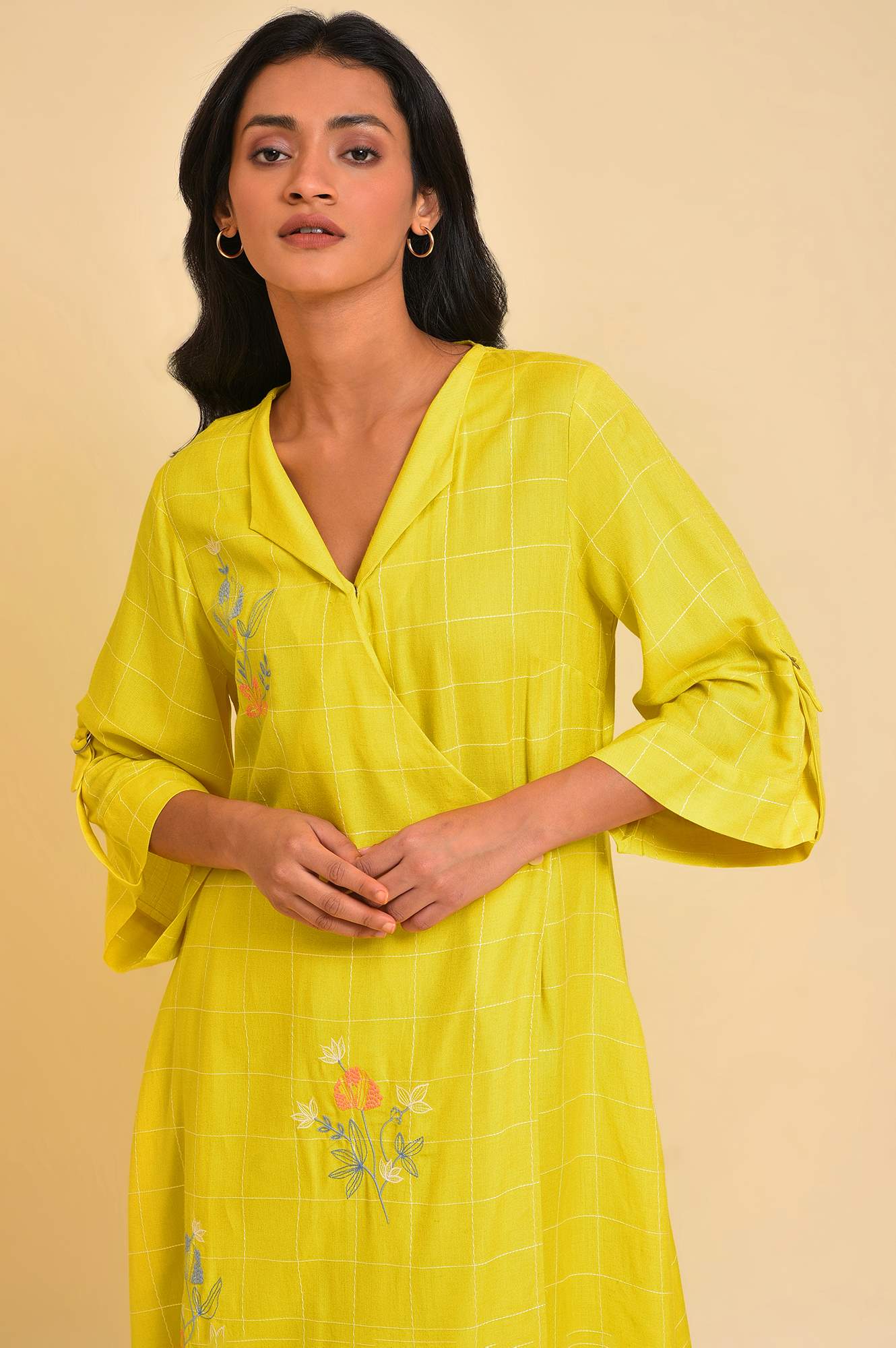 Yellow Embroidered Checker Wrap Dress - Image 5