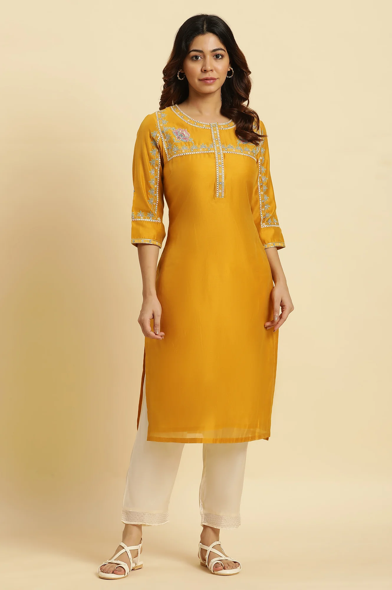 Yellow Embroidered Festive Straight Kurta - Image 2