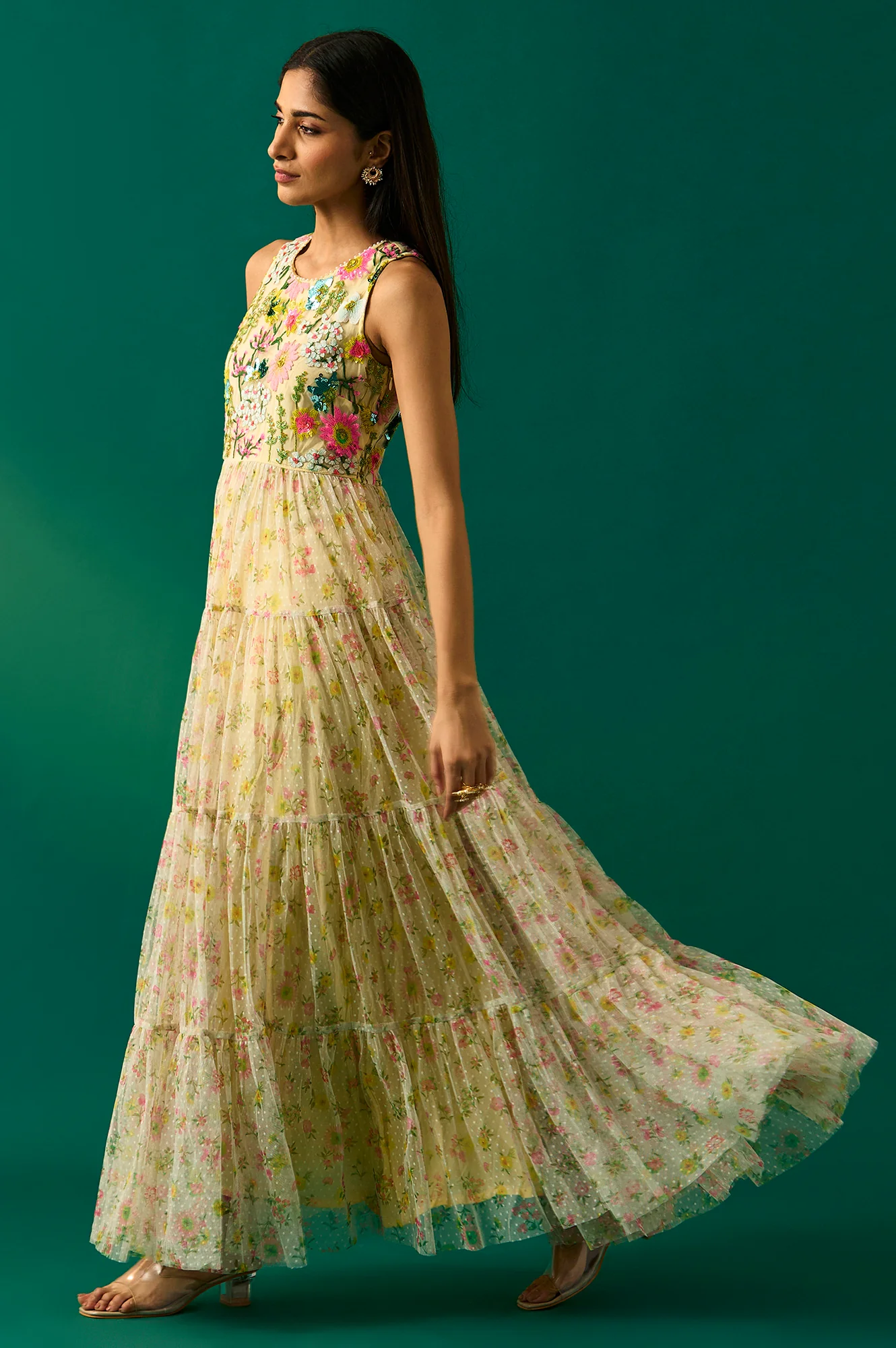 Yellow Embroidered Fit & Flare Georgette Dress - Image 3