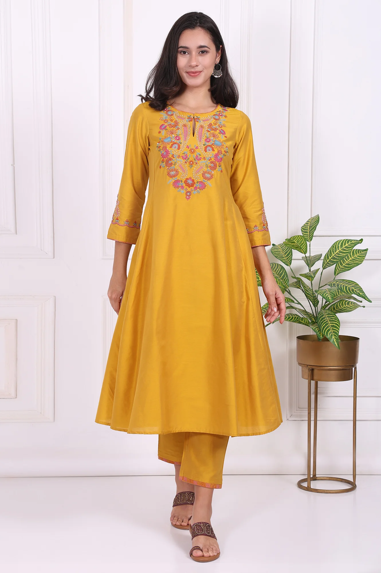 Yellow Embroidered Flared Kurta - Image 2