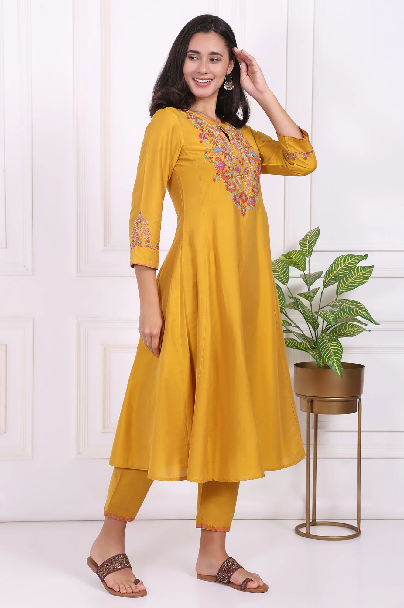 Yellow Embroidered Flared Kurta - Image 6