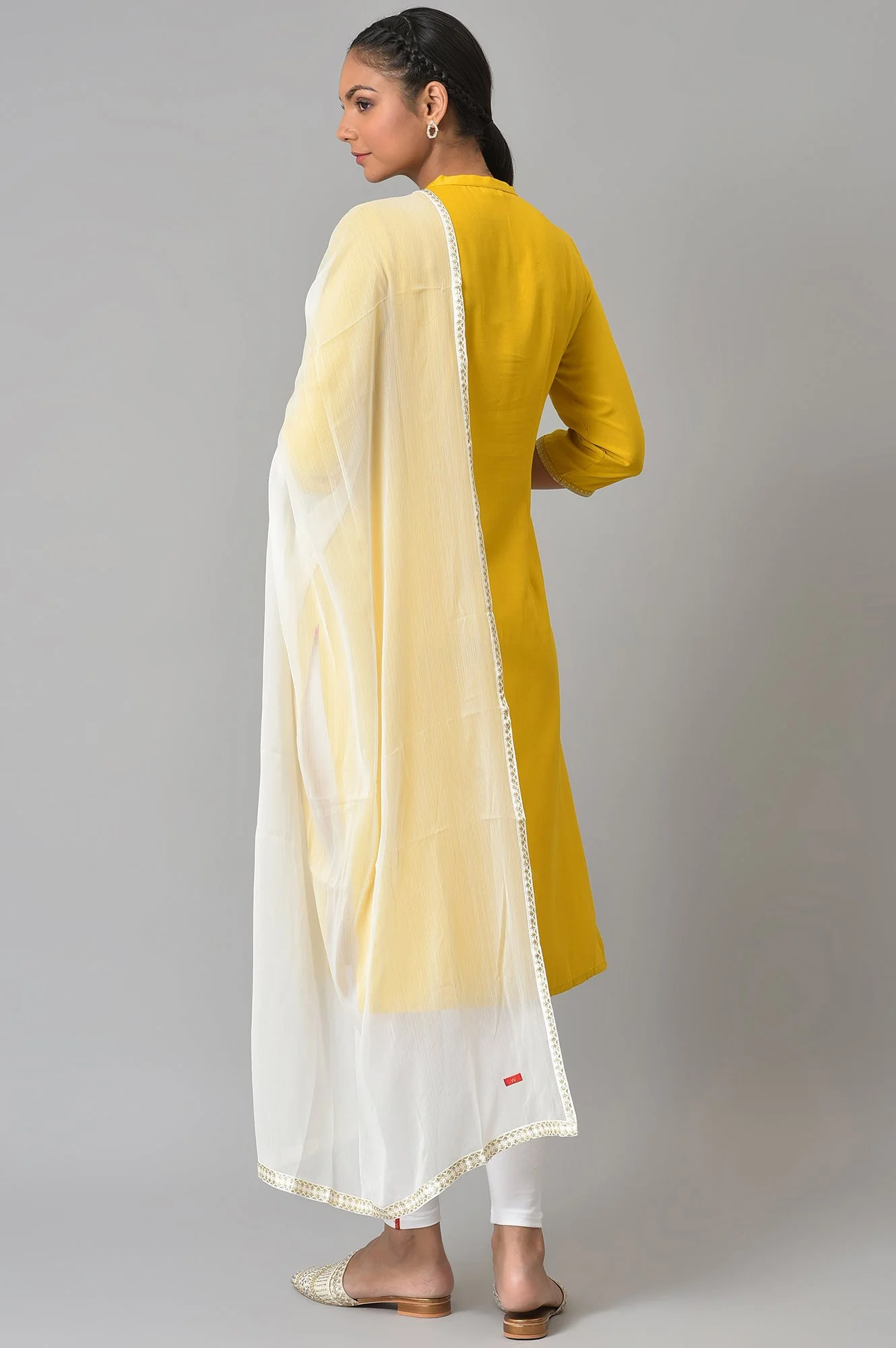 Yellow Embroidered kurta With White Tights And Dupatta. - Image 2