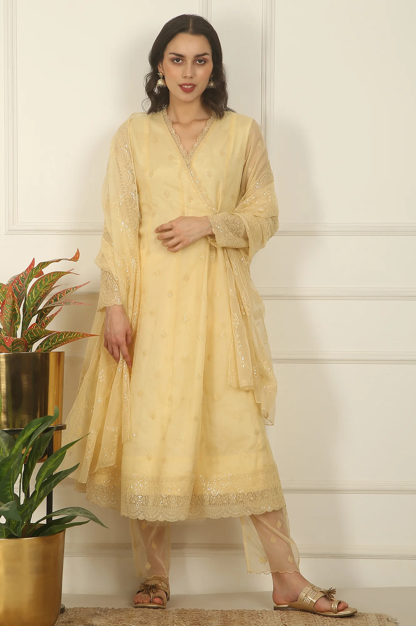 Yellow Embroidered Organza Angarakha Kurta, Pants and Dupatta Set - Image 3