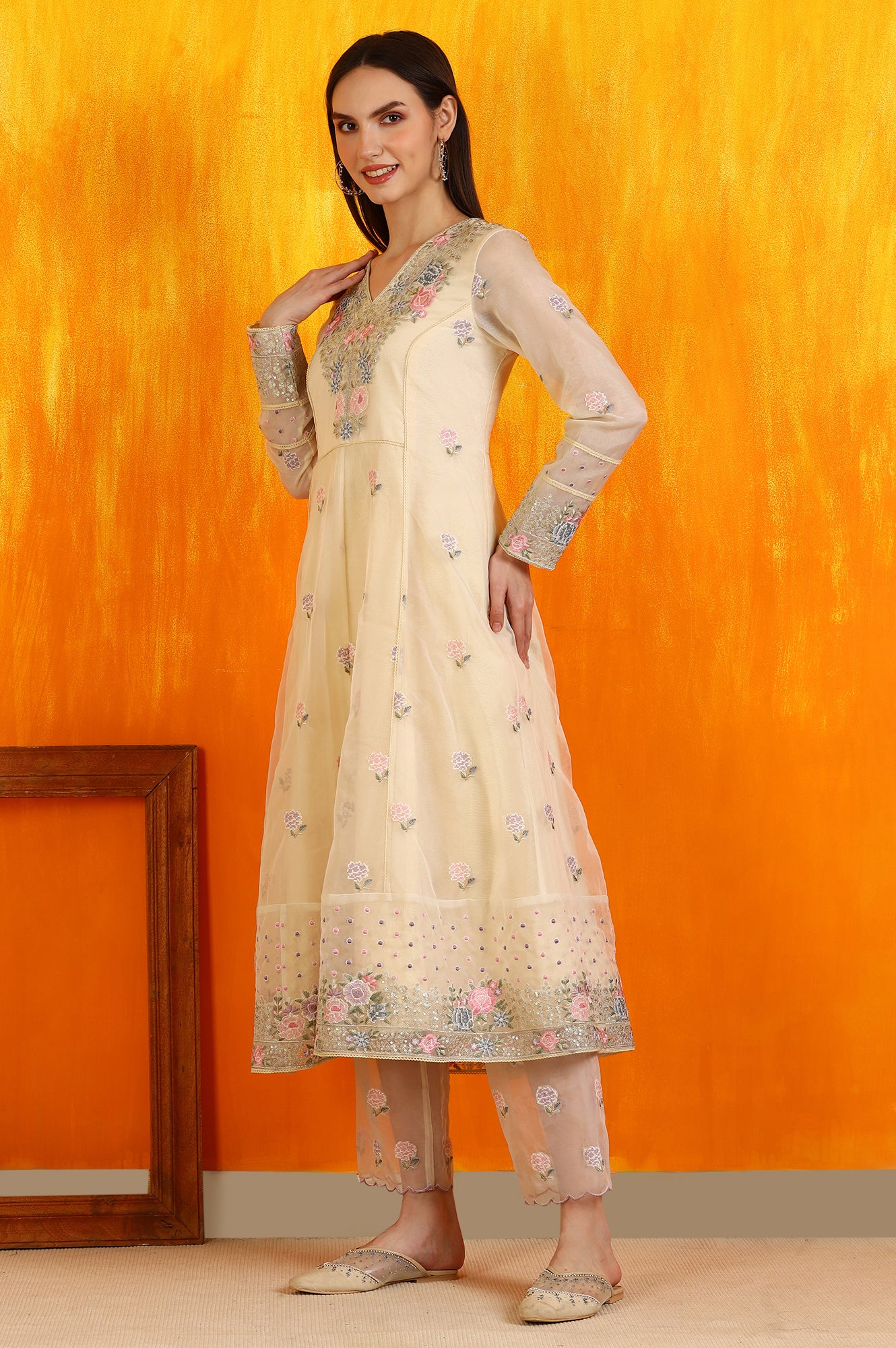 Yellow Embroidered Organza Flared Kurta, Straight Pants and Dupatta Set - Image 5