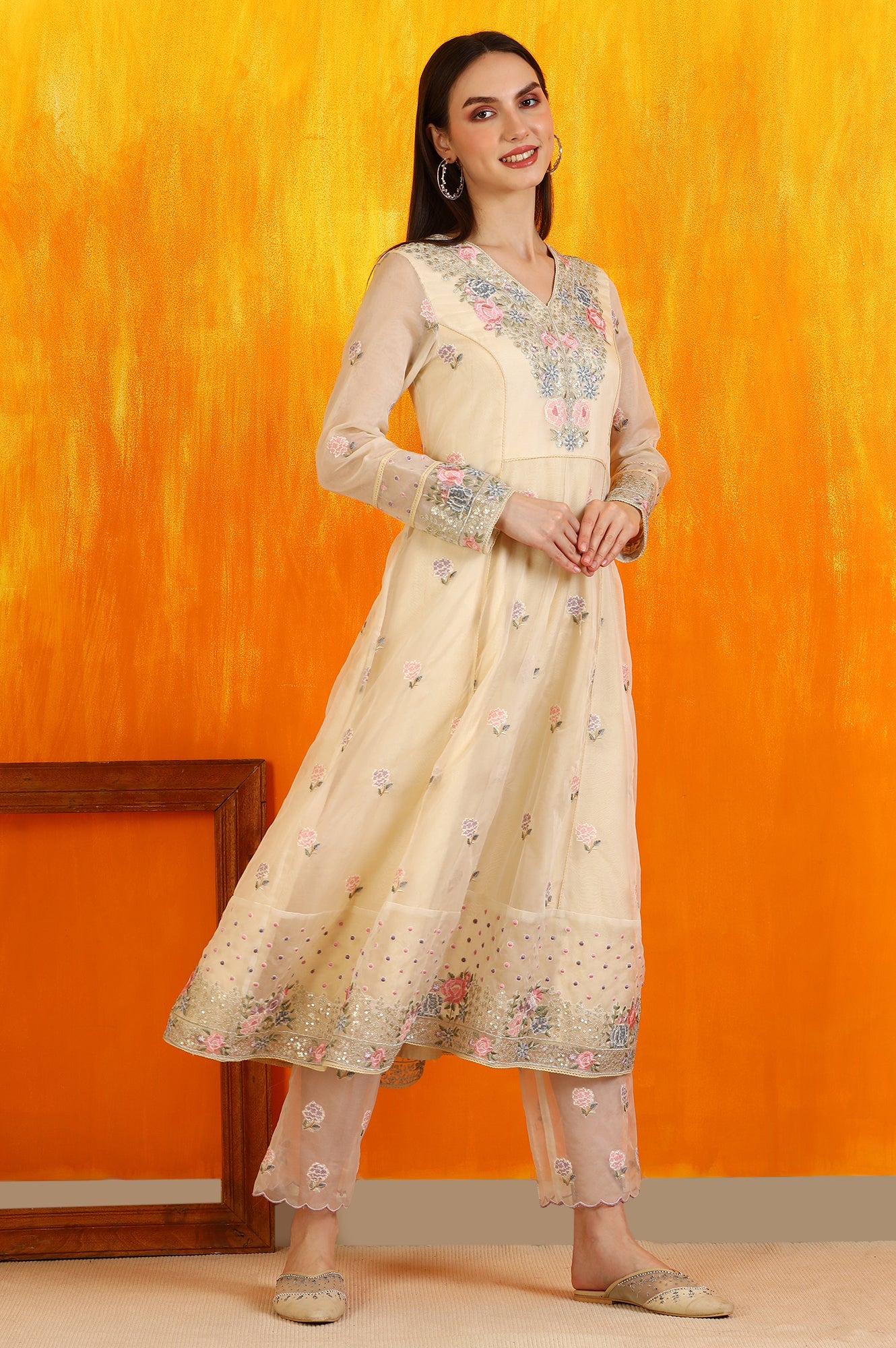 Yellow Embroidered Organza Flared Kurta, Straight Pants and Dupatta Set - Image 7