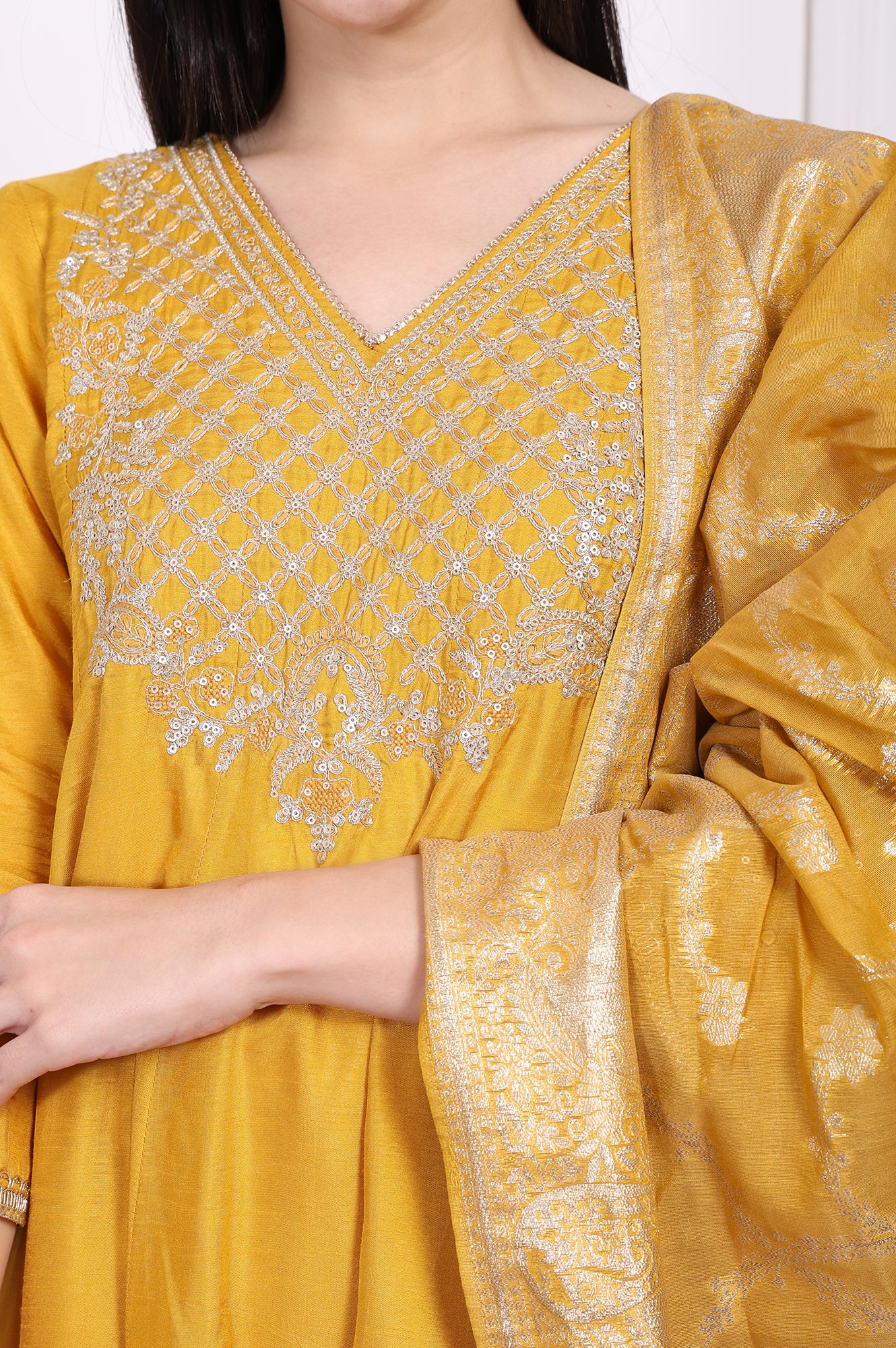Yellow Embroidered Silk Flared Kurta, Straight Pants and Dupatta Set - Image 3