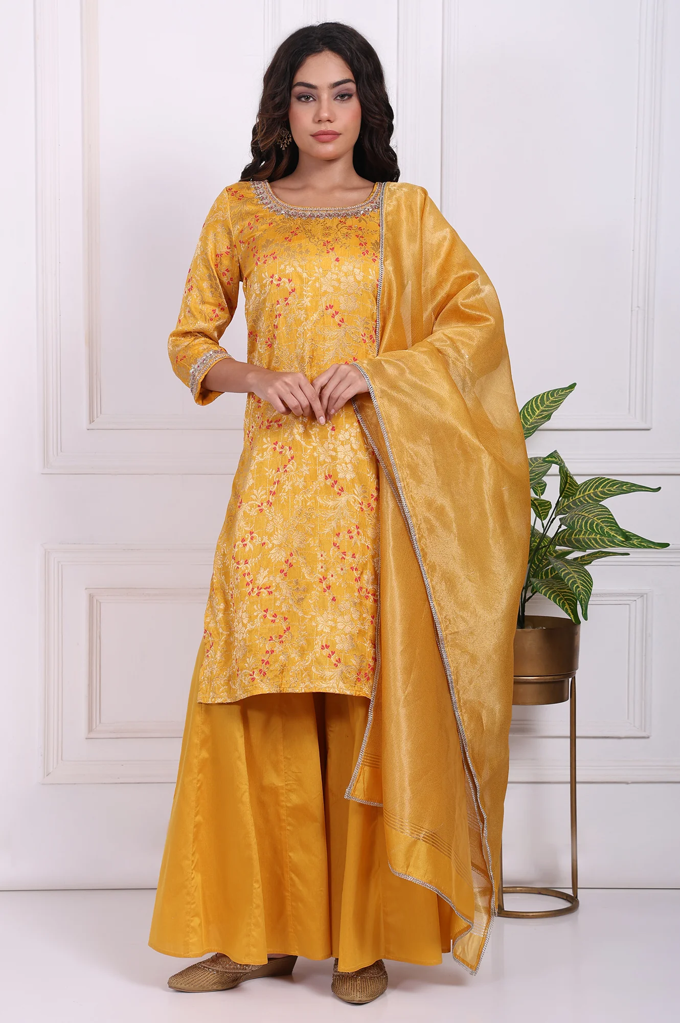 Yellow Embroidered Straight Jacquard Kurta with Sharara and Dupatta Set - Image 2