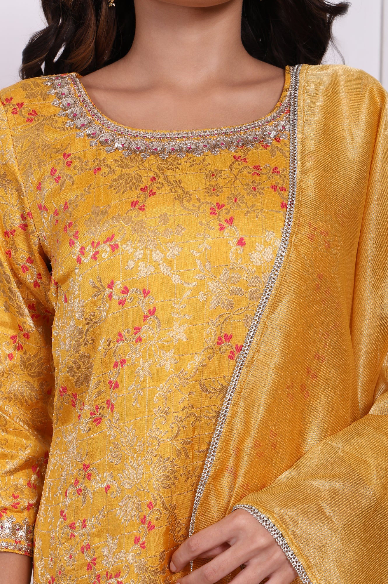 Yellow Embroidered Straight Jacquard Kurta with Sharara and Dupatta Set - Image 3