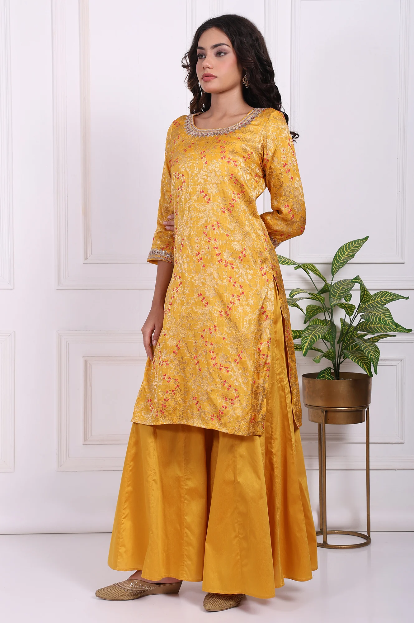 Yellow Embroidered Straight Jacquard Kurta with Sharara and Dupatta Set - Image 4