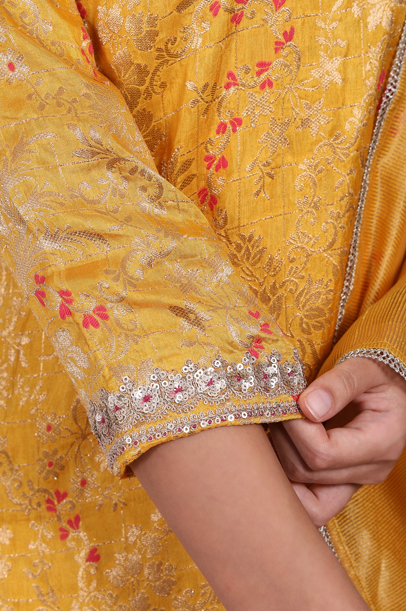 Yellow Embroidered Straight Jacquard Kurta with Sharara and Dupatta Set - Image 7