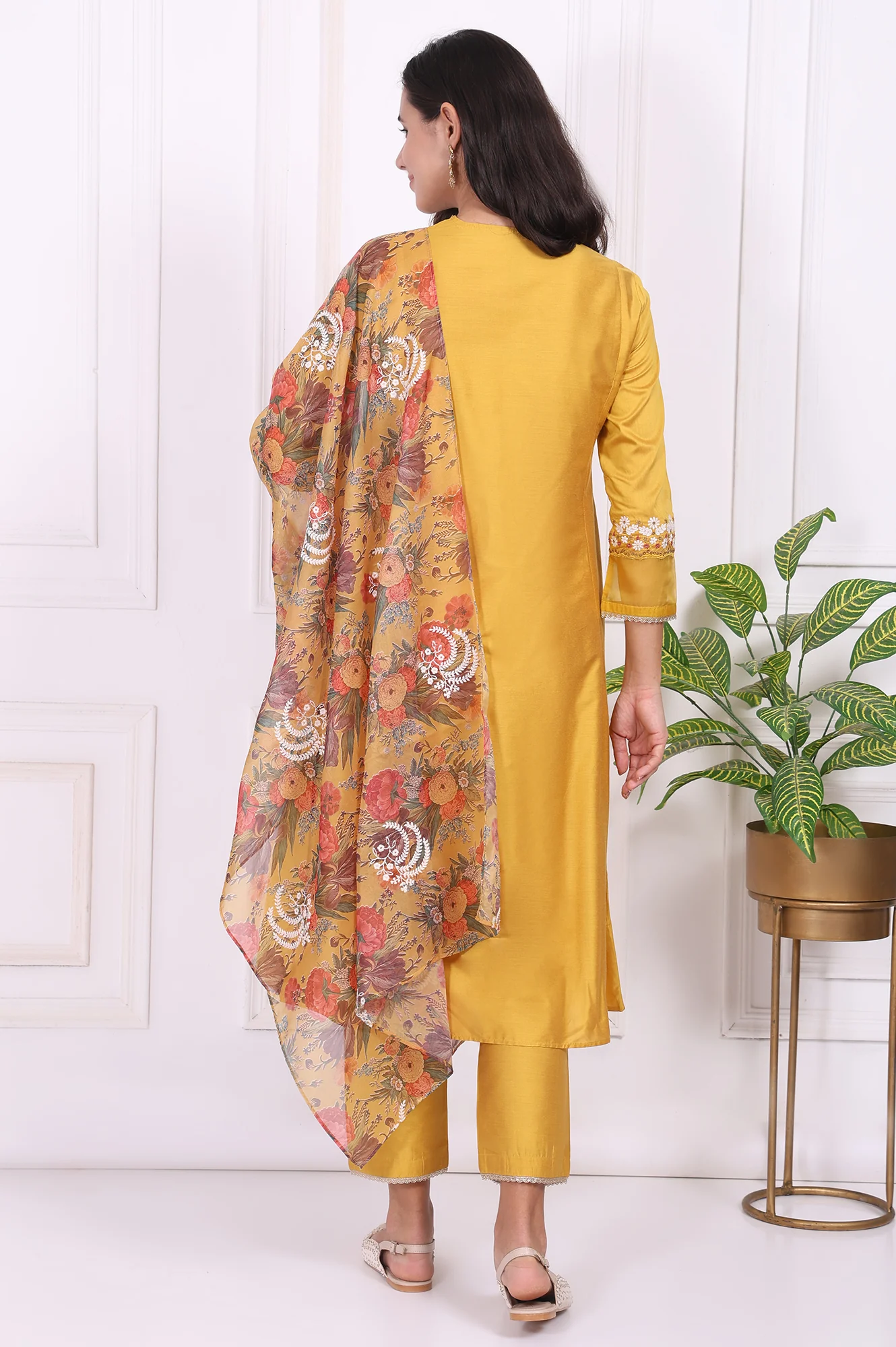 Yellow Embroidered Straight Kurta, Pants and Dupatta Set - Image 5
