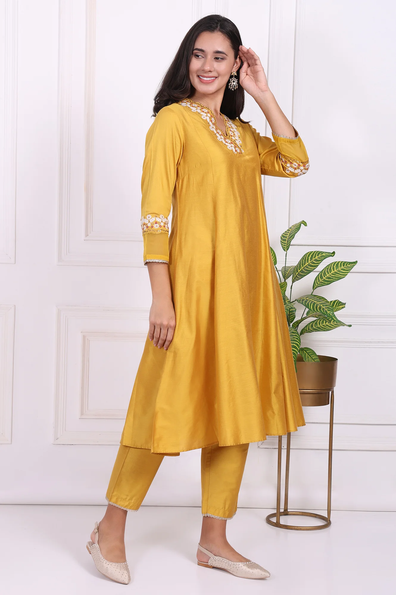Yellow Embroidered Straight Kurta, Pants and Dupatta Set - Image 6