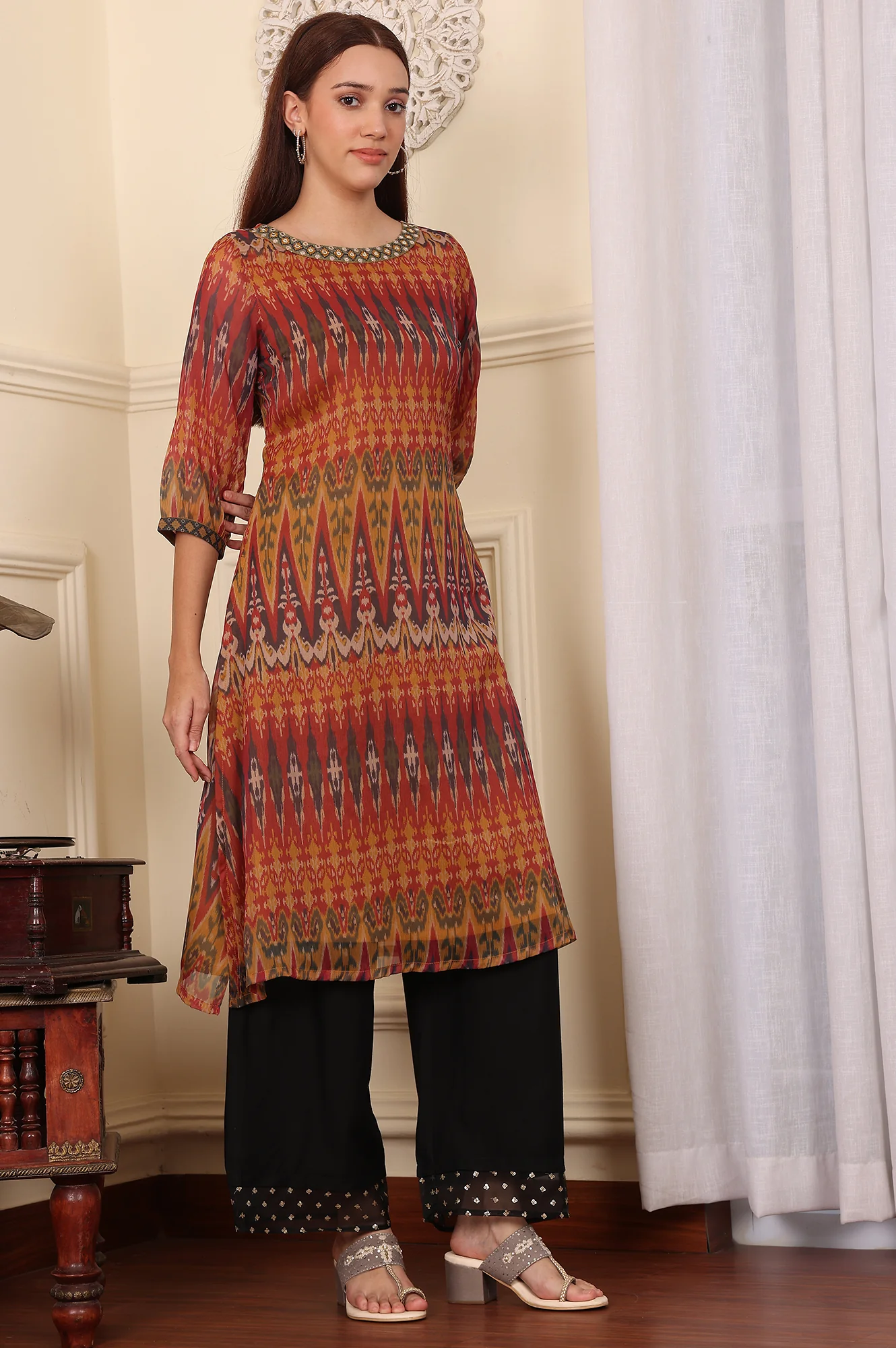 Yellow Ethnic Ikkat Thread Work Straight Woven Kurta - Image 4