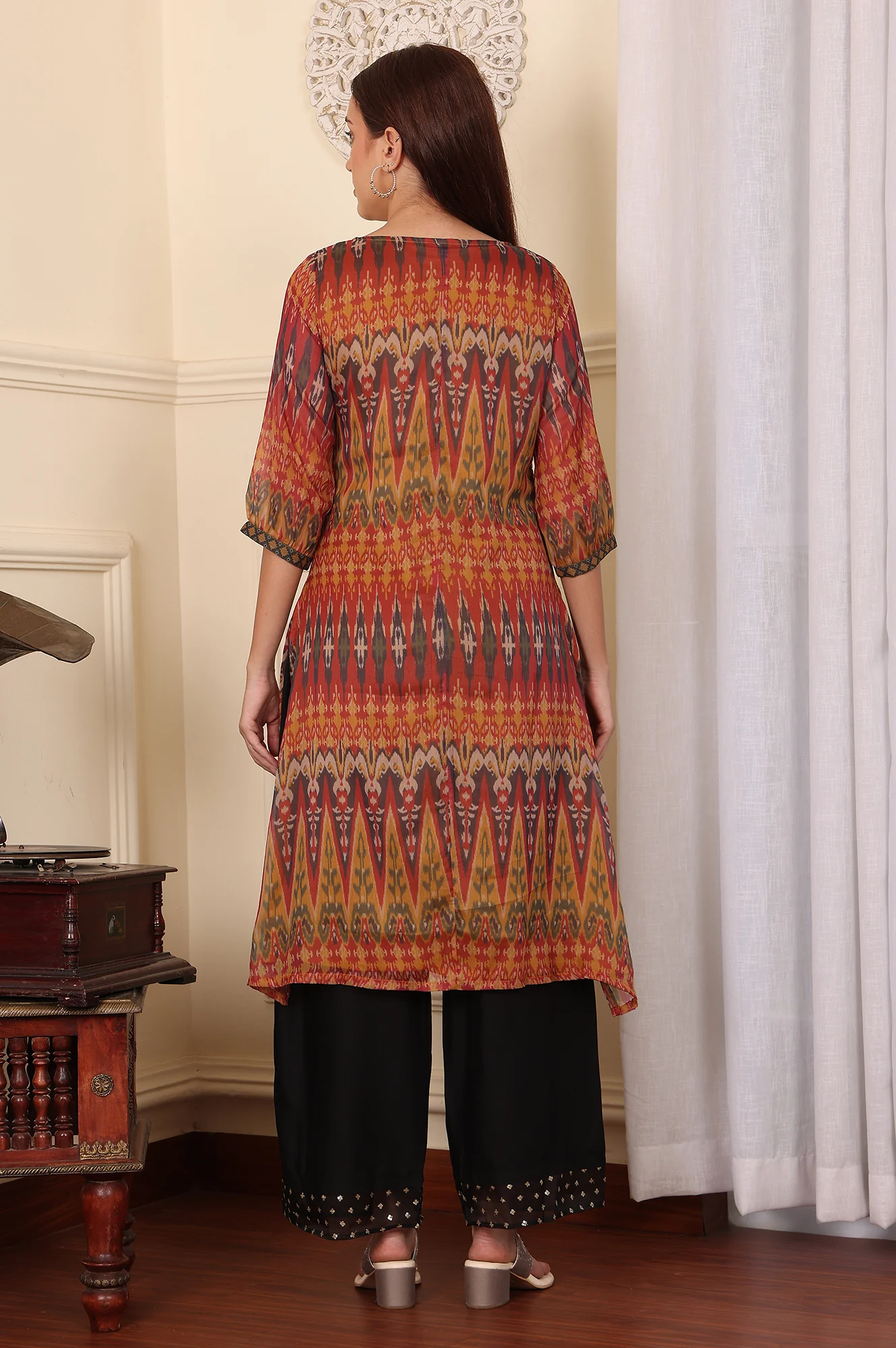 Yellow Ethnic Ikkat Thread Work Straight Woven Kurta - Image 5