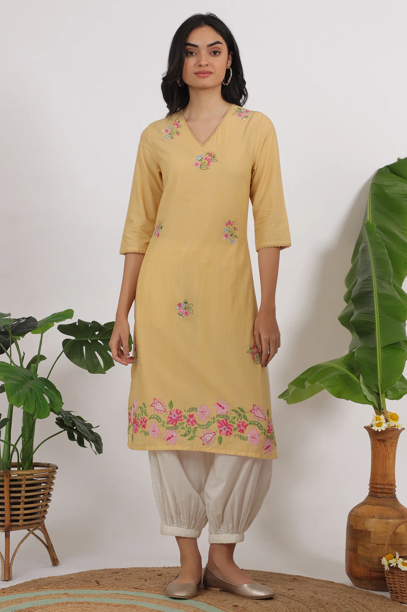 Yellow Floral Embroidered Straight Kurta with Lace - Image 2