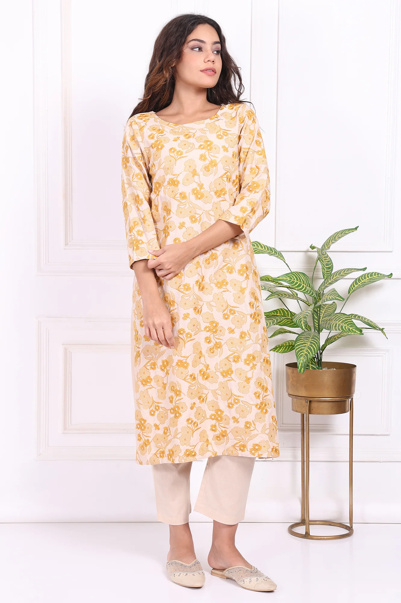 Yellow Floral Embroidered Straight Rayon Kurta and Straight Pant Set - Image 2