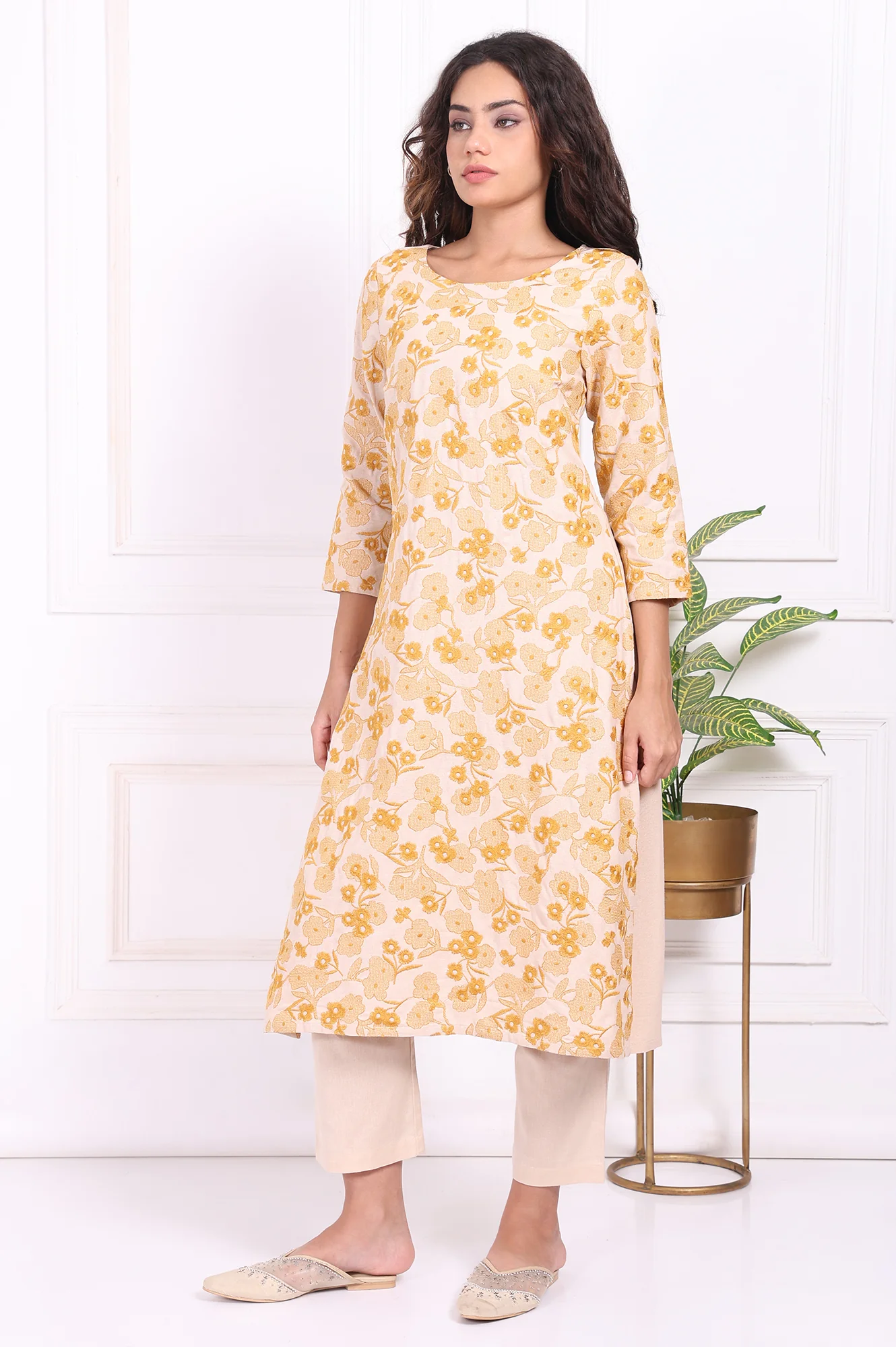 Yellow Floral Embroidered Straight Rayon Kurta and Straight Pant Set - Image 4